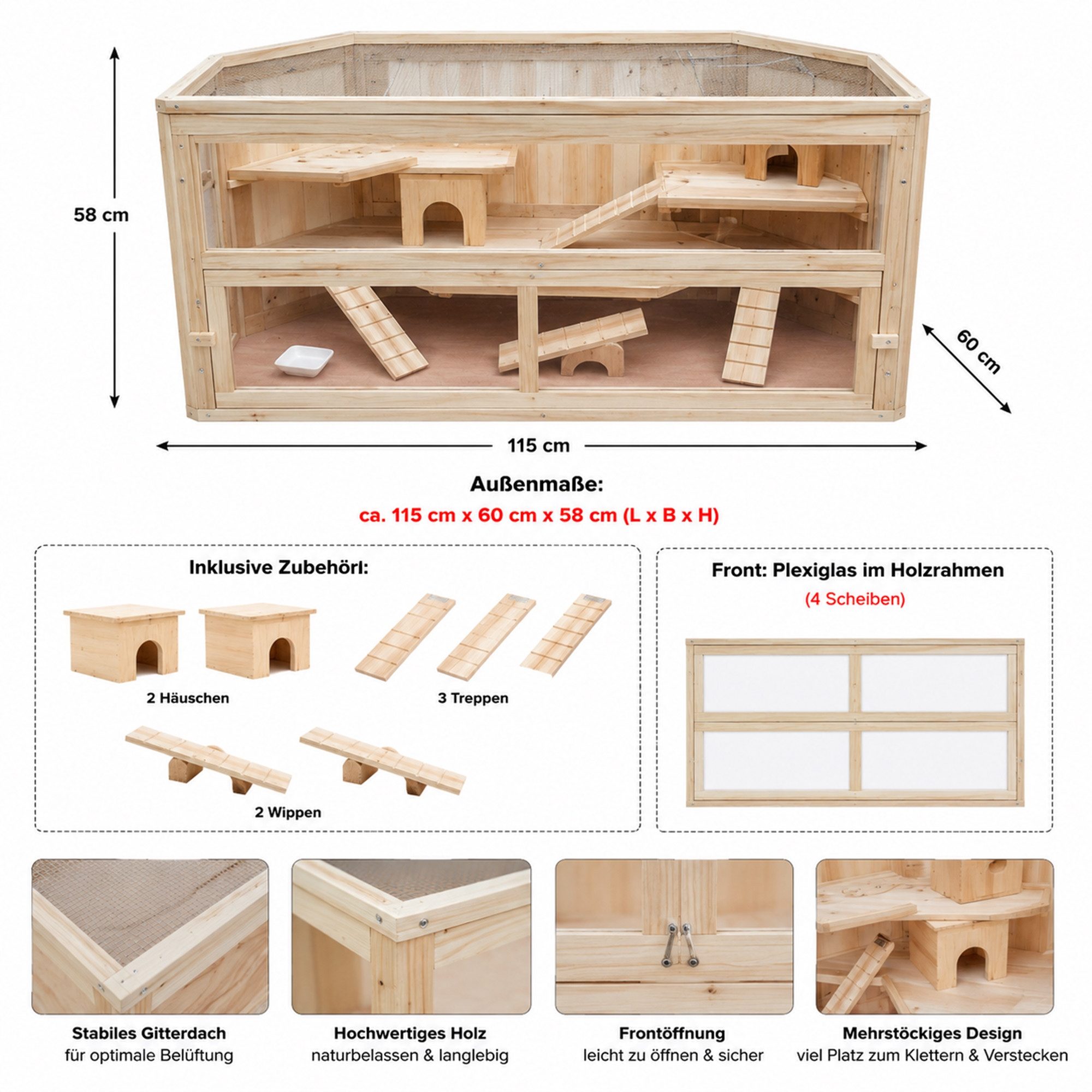 Mucola Tierhaus Kleintierkäfig Hamsterkäfig Nagerkäfig Holz Stall Nagerstall Käfig, Naturbelassen
