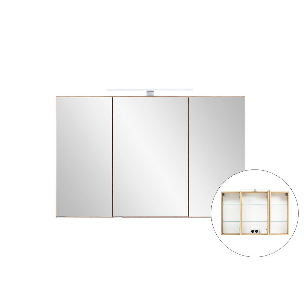 Lomadox Spiegelschrank VIDAGO-03 3D- 100 cm breit in Wotan Eiche Nb. mit LED Beleuchtung : 100/64/20 cm