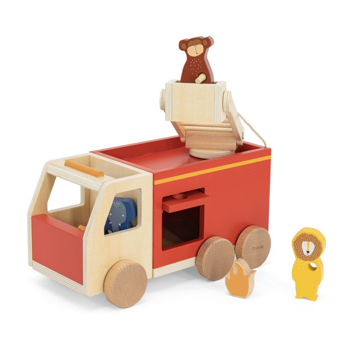 Trixie Baby Spielzeug-Feuerwehr Feuerwehrauto aus Holz 29cm drehbare Leiter Holzspielzeug, ab 18 Monaten