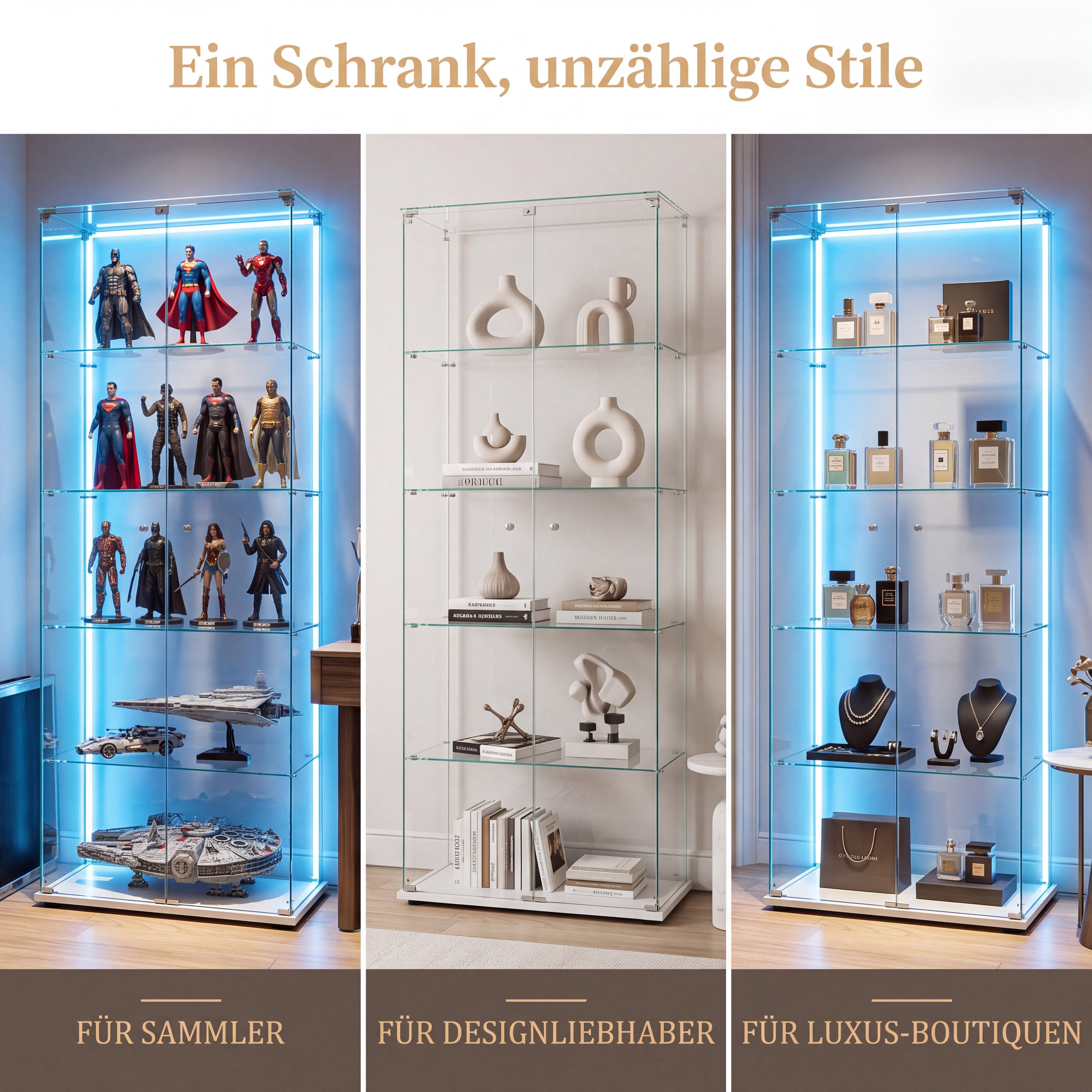 Simurq Glasvitrine Standvitrinen mit LED Beleuchtung Vitrinenschrank mit Glastür Sammlervitrine aus gehärtetes Glas,Modernes rahmenloses Design – Bild 5 von 5