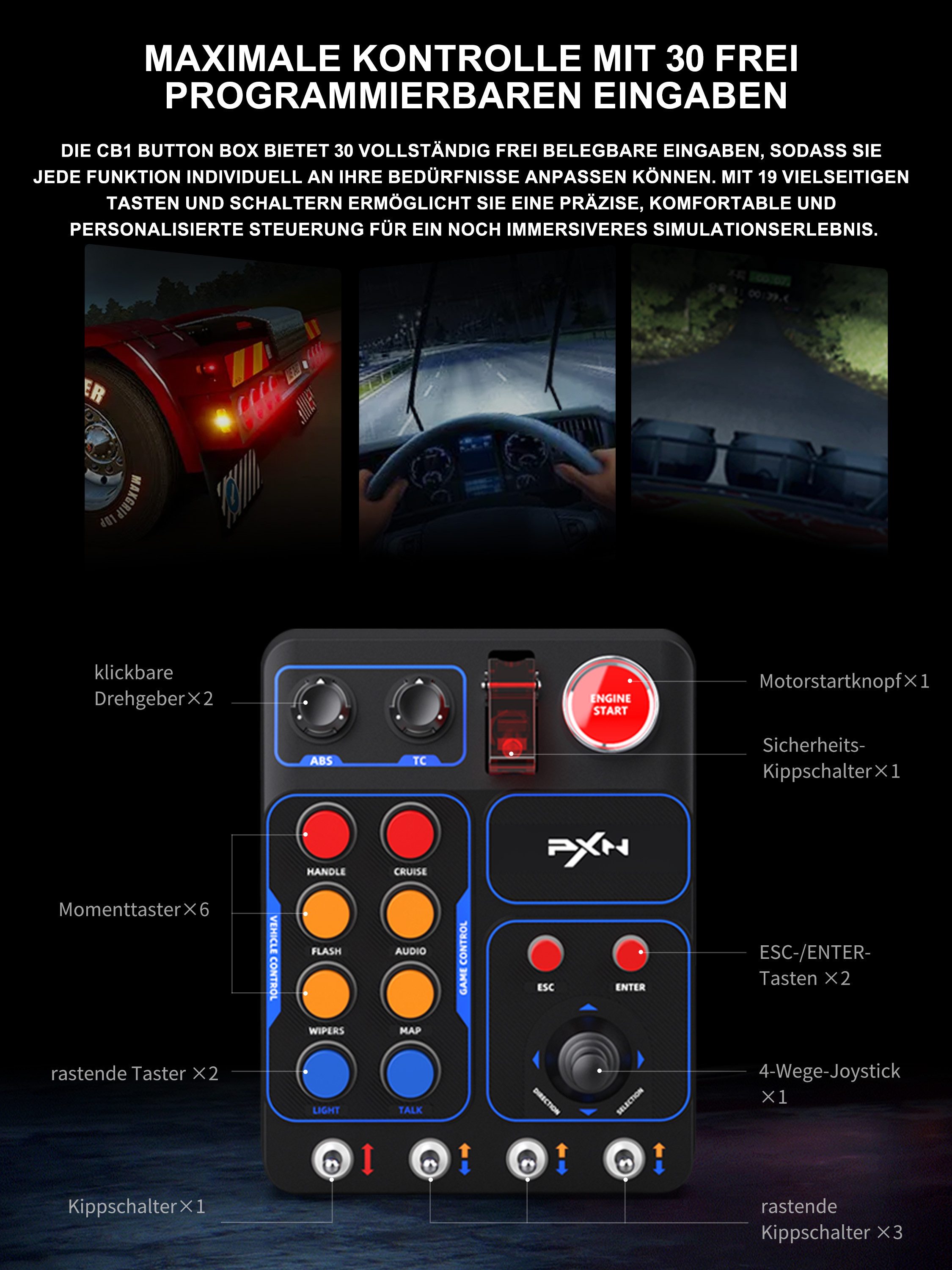 PXN CB1 Sim-Racing-Bedienpanel mit 30 Tasten und RGB-Beleuchtung Gaming-Controller (1 St., Für Renn-, Lkw-, Flug- und Landwirtschaftssimulationen am PC)