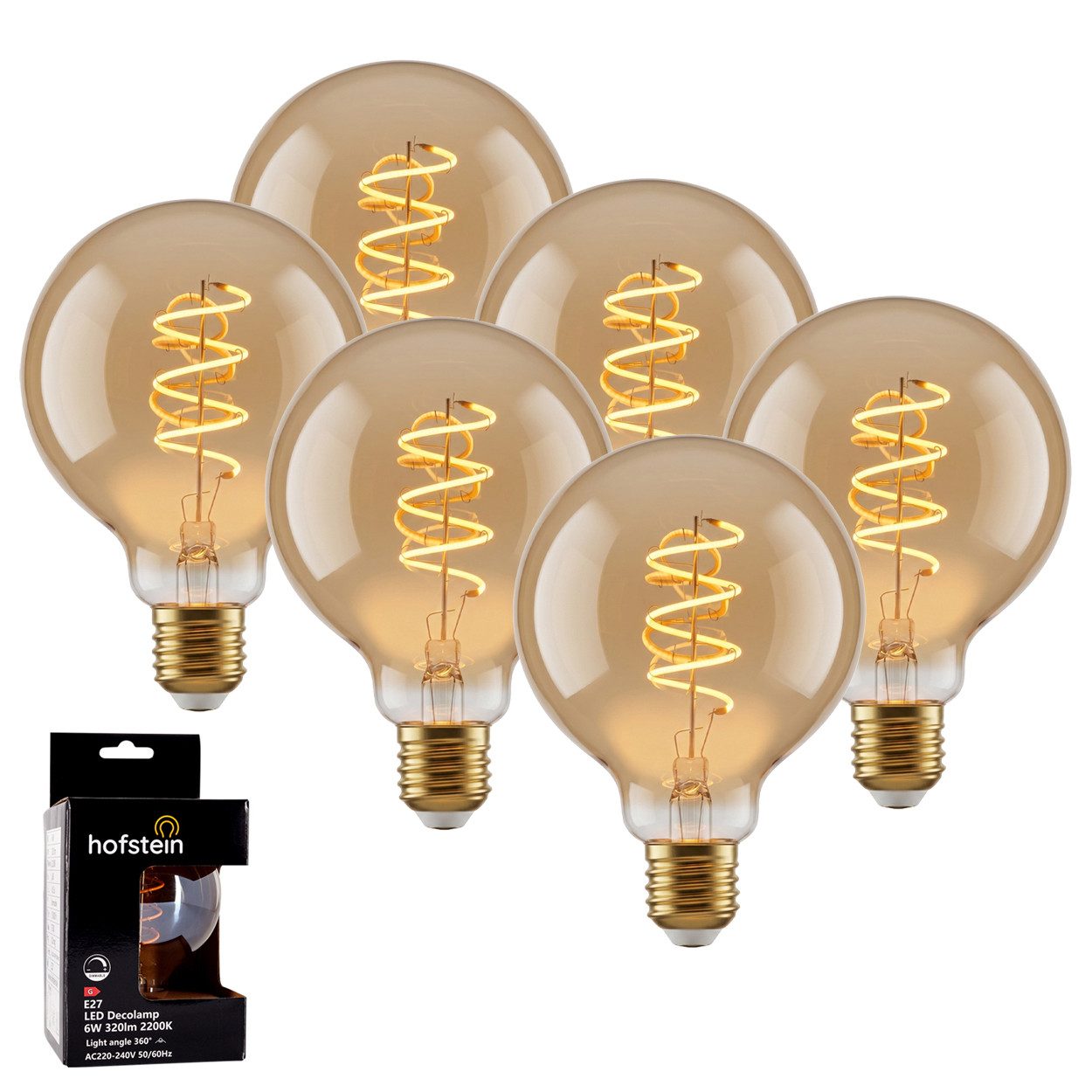 hofstein LED-Leuchtmittel 6er Set Glühbirne Extra Warmweiß dimmbar 6 Watt, E27, 2200 Kelvin, 320 Lumen, Globe Vintage, Filament Spirale, Amber