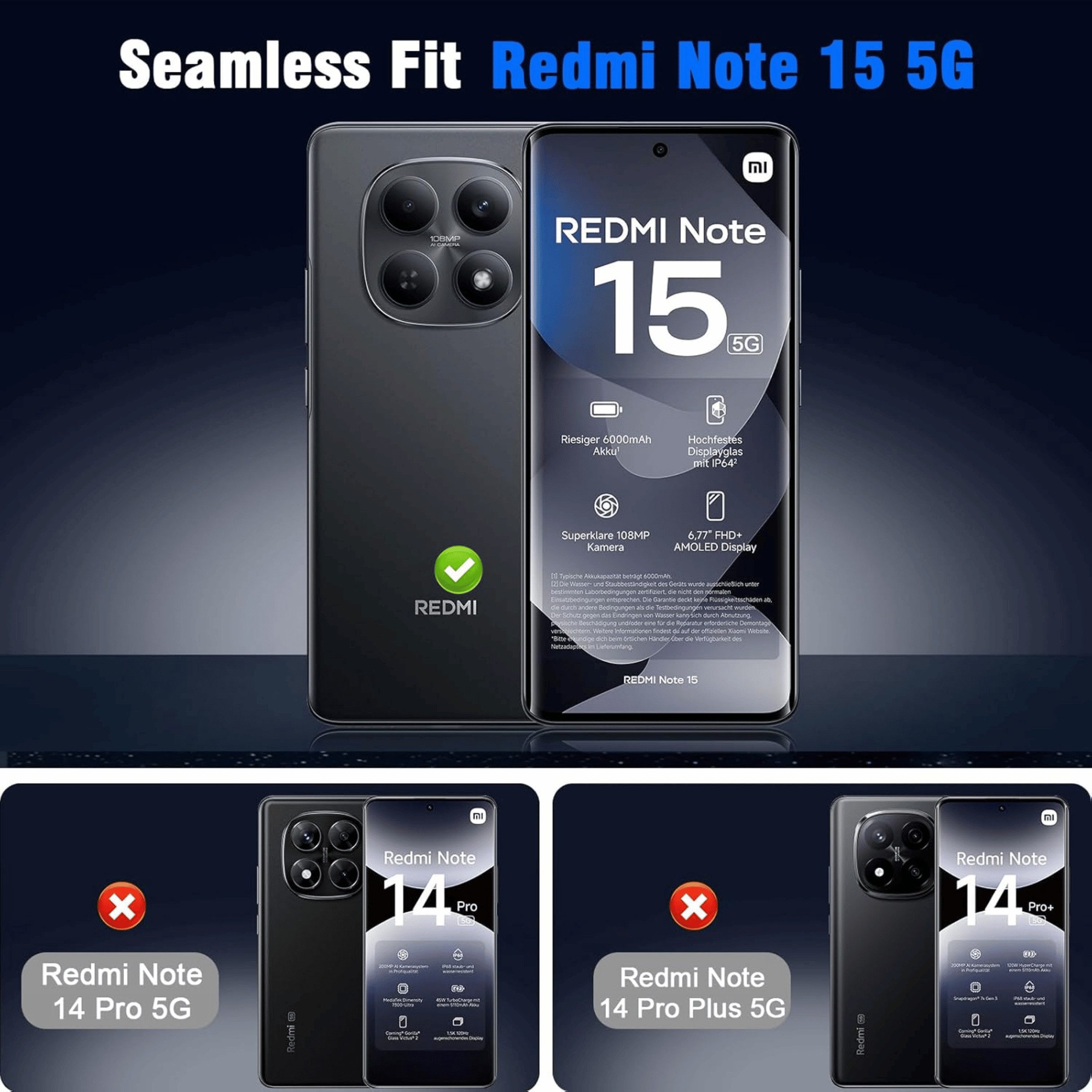 SmartUP Displayschutzglas 2X Schutzglas für Xiaomi Redmi Note 15 Display Panzerfolie Full Screen für Xiaomi Redmi Note 15, 2 Stück, Rundumschutz, passgenaue Ver – Bild 2 von 5