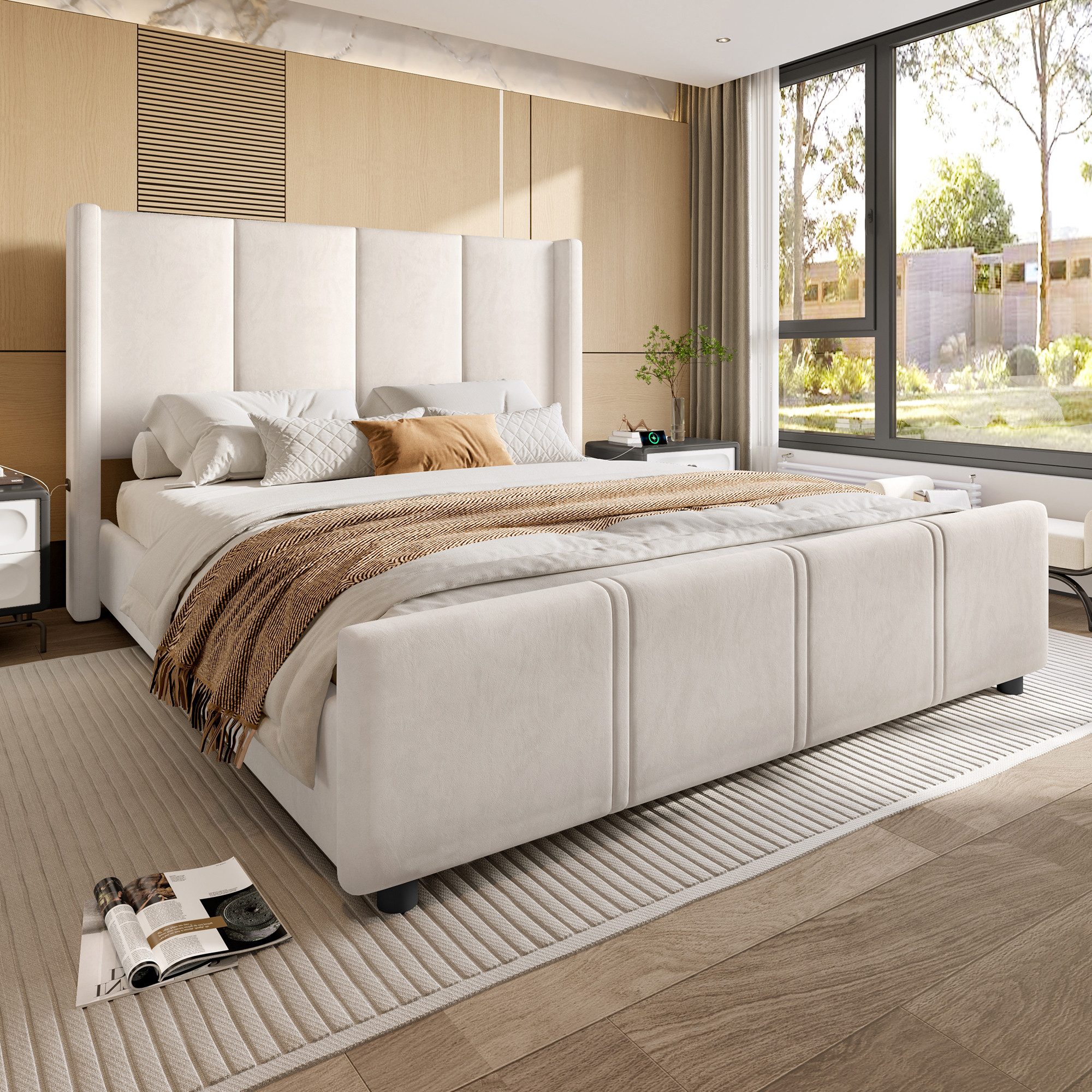 HAUSS SPOLE Polsterbett 140x190cm Bettgestell mit USB-Anschluss Jugendbett mit hohes Kopf