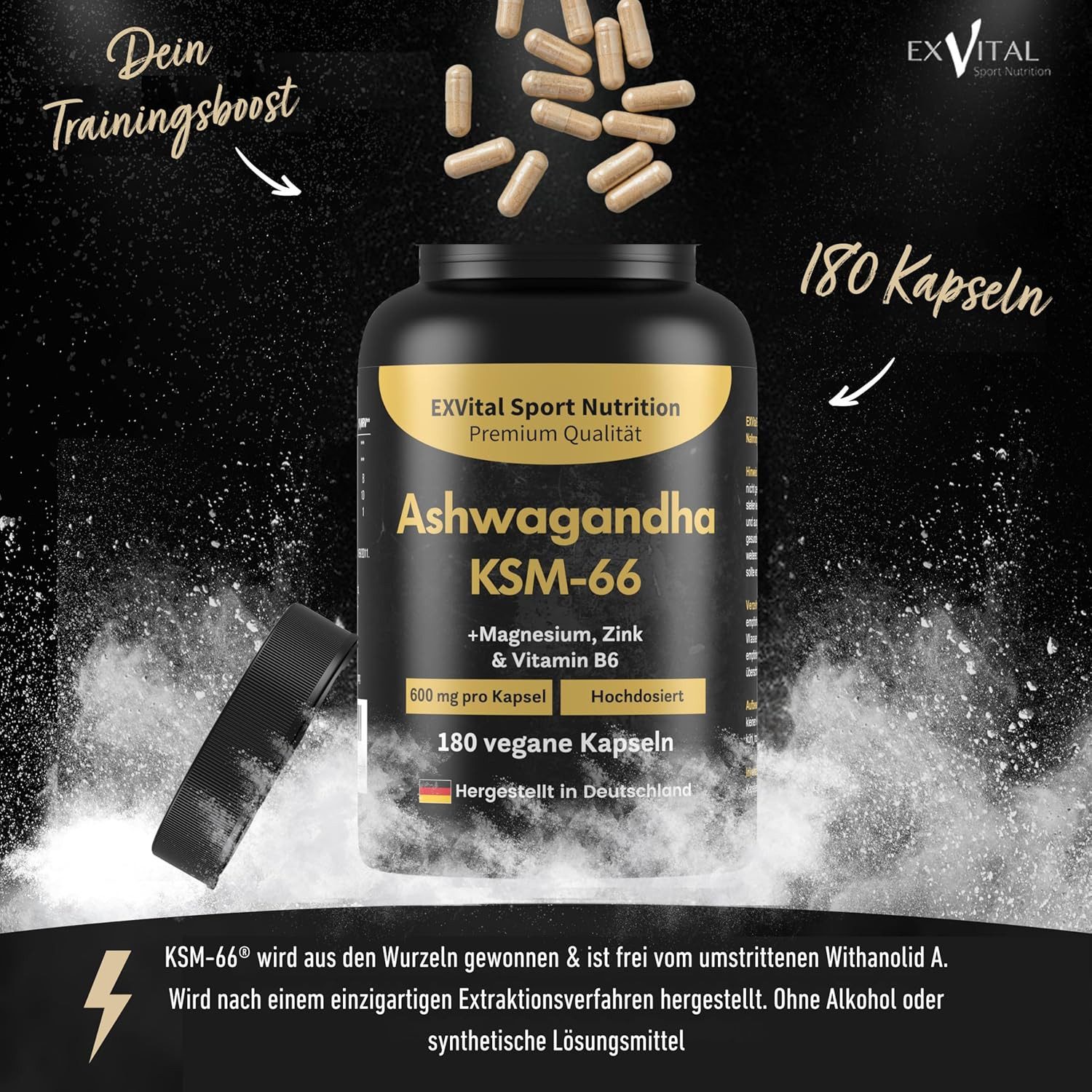 Bio Ashwagandha KSM-66®, 600mg pro Tag, original indische Schlafbeere Kapseln, 135 g