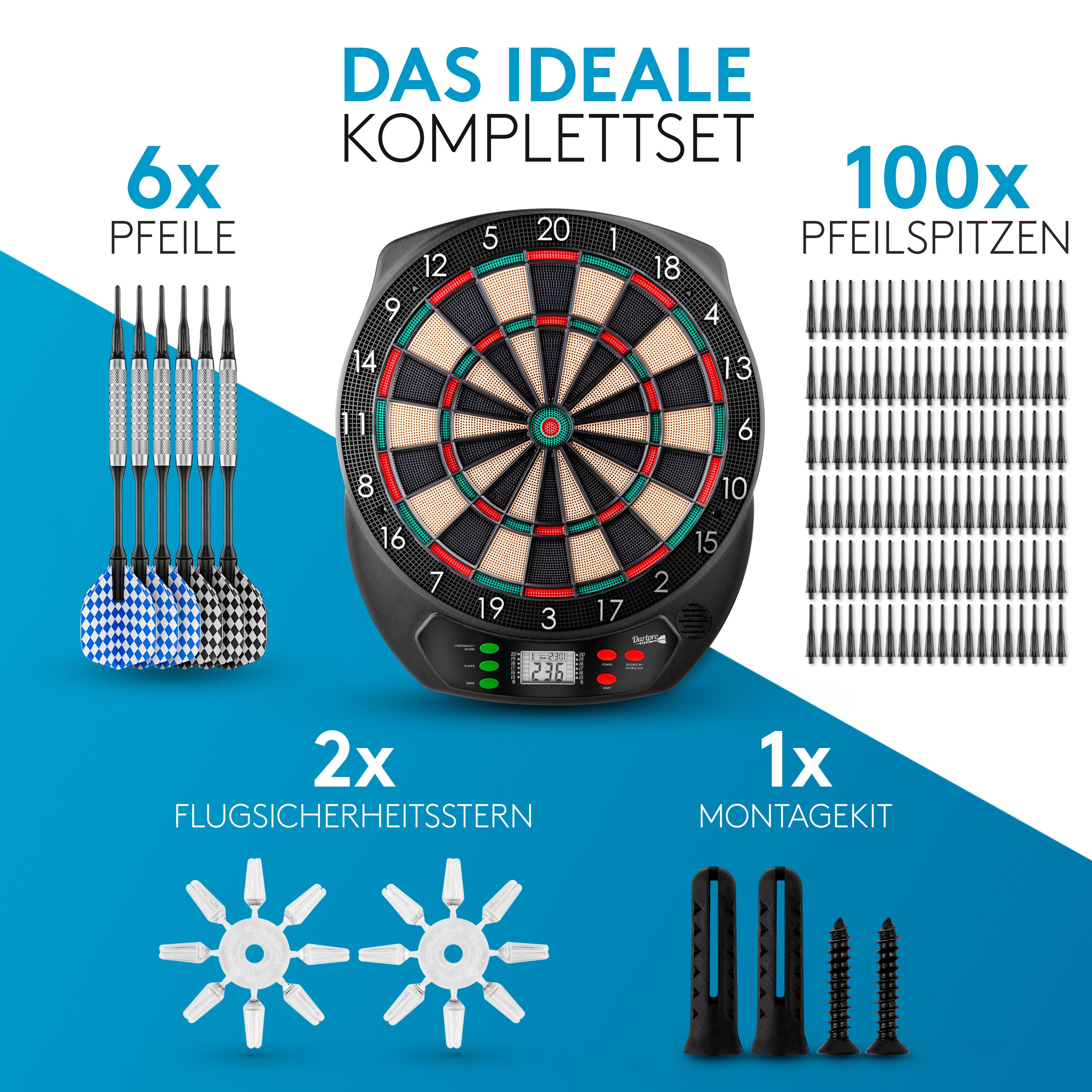 DartPro Dartscheibe elektronisch - für Profis -, (Elektrisches Dartboard mit 6 Pfeilen), 21 Spiele, 65 Varianten - LCD-Display - Batterie- & Netzbetrieb
