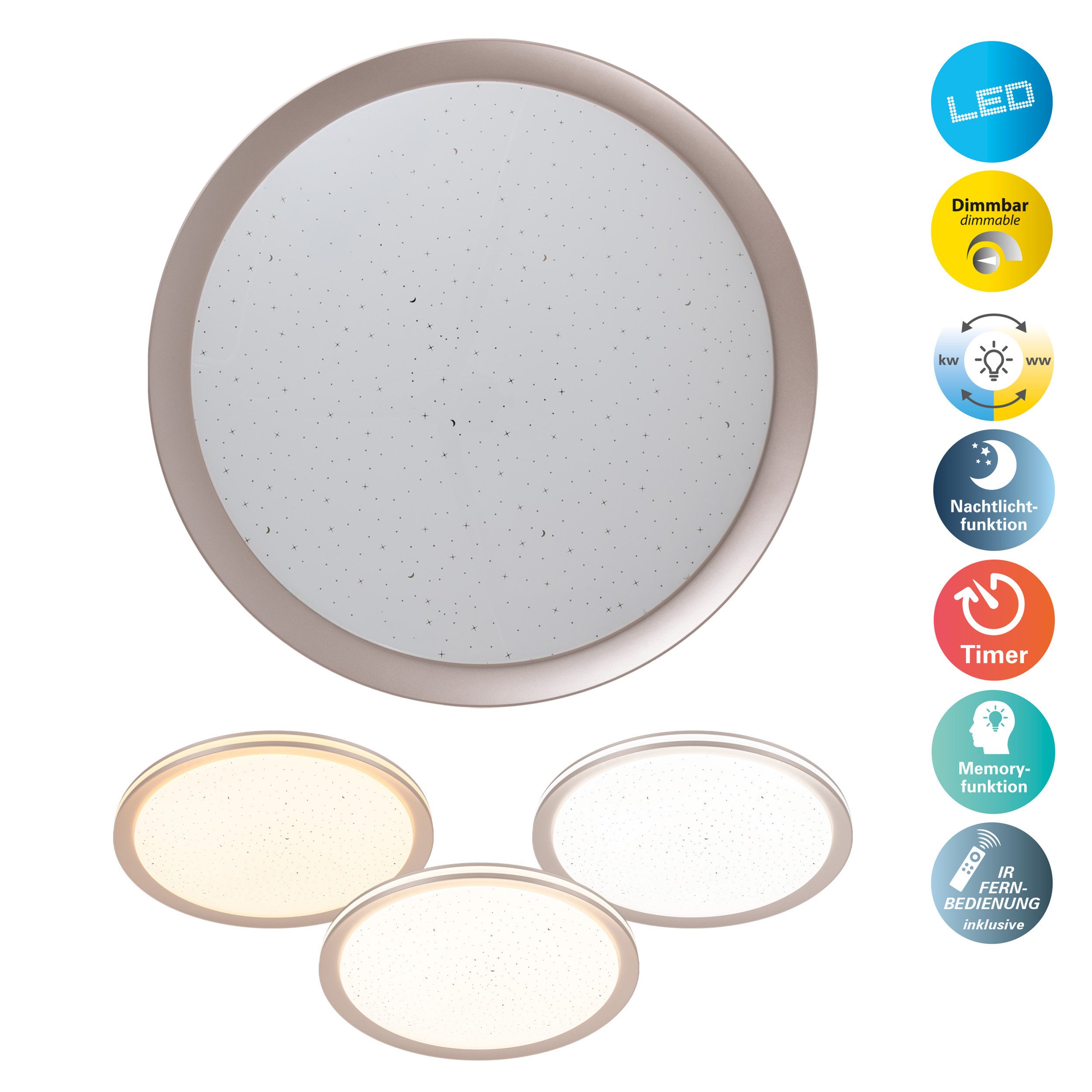 näve LED Deckenleuchte Liebenzell, CCT - über Fernbedienung, Memoryfunktion, Nachtlichtfunktion, mehrere Helligkeitsstufen, LED wechselbar, Neutralweiß, Warmweiß, CCT, Memory, Nachtlicht, Zeitschaltuhr, Sterneffekt, IR-Fernbedienung