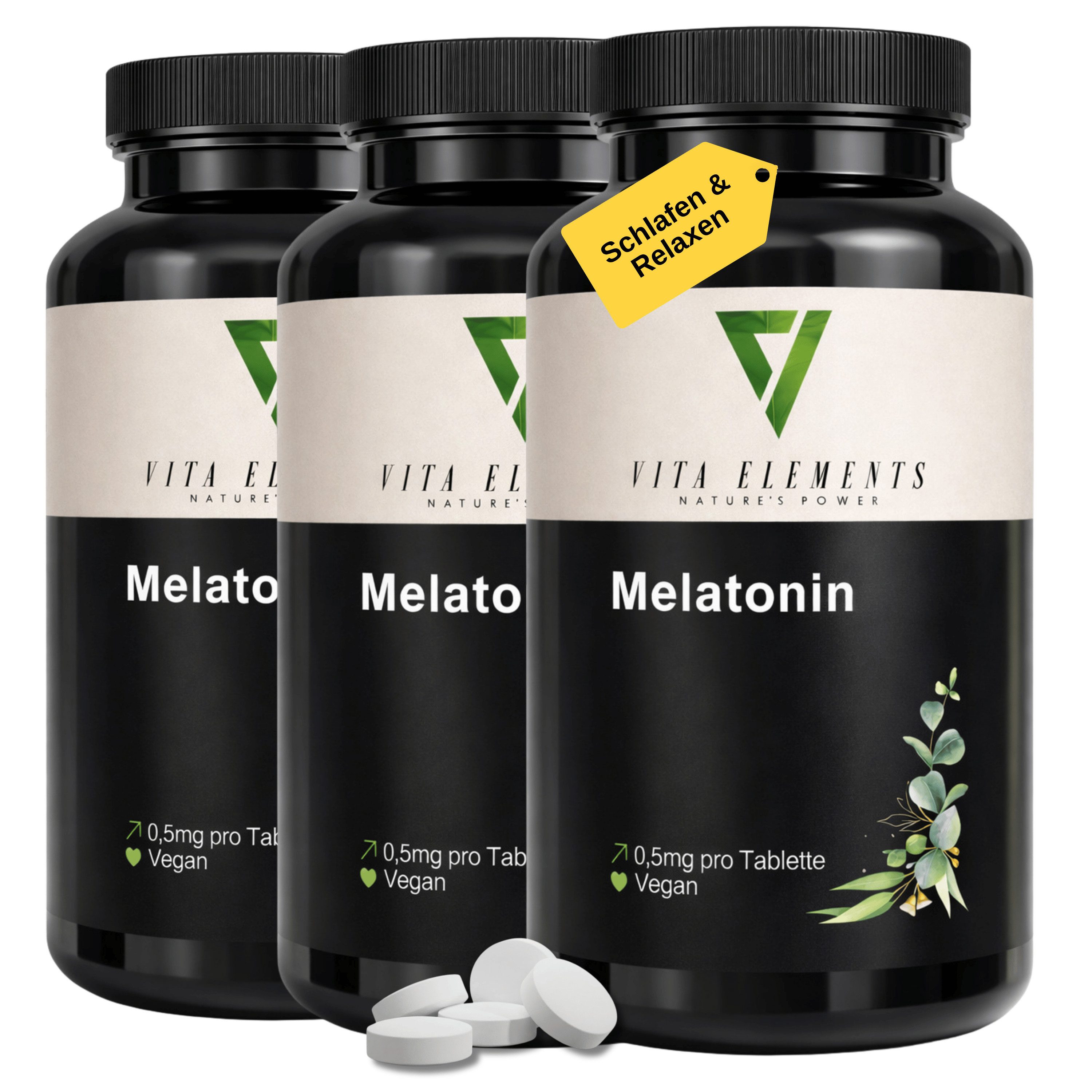 Vita Elements 3er Set Melatonin Tabletten, 1095 Sk. Vegan Frei von Gentechnik Ohne unnötige Zusätze Laborgeprüft