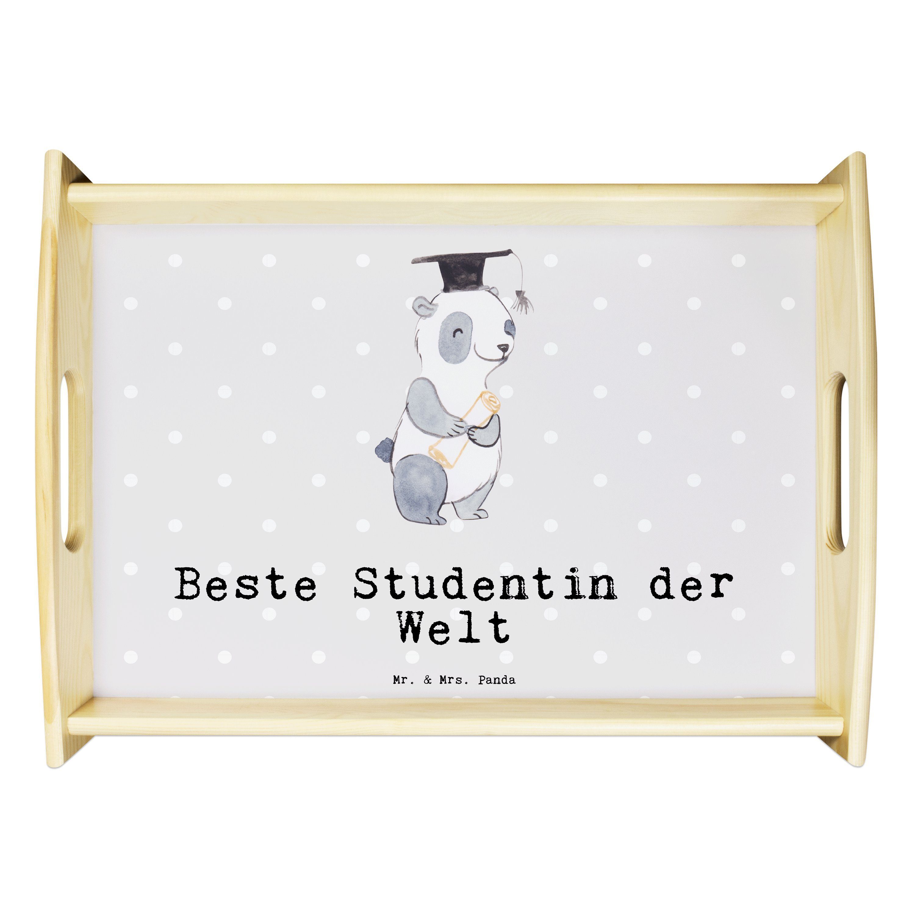 Mr. & Mrs. Panda Tablett Panda Beste Studentin der Welt - Grau Pastell - Geschenk, Holztablett, Echtholz lasiert, (1-tlg)