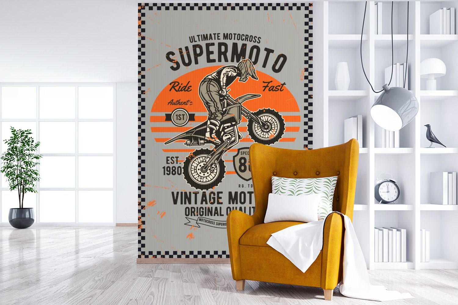 Retro, Montagefertig - Fototapete bedruckt, - Vinyl Motocross Wohnzimmer, Wandtapete St), - MuchoWow für Motor (3 Tapete Matt, Mancave