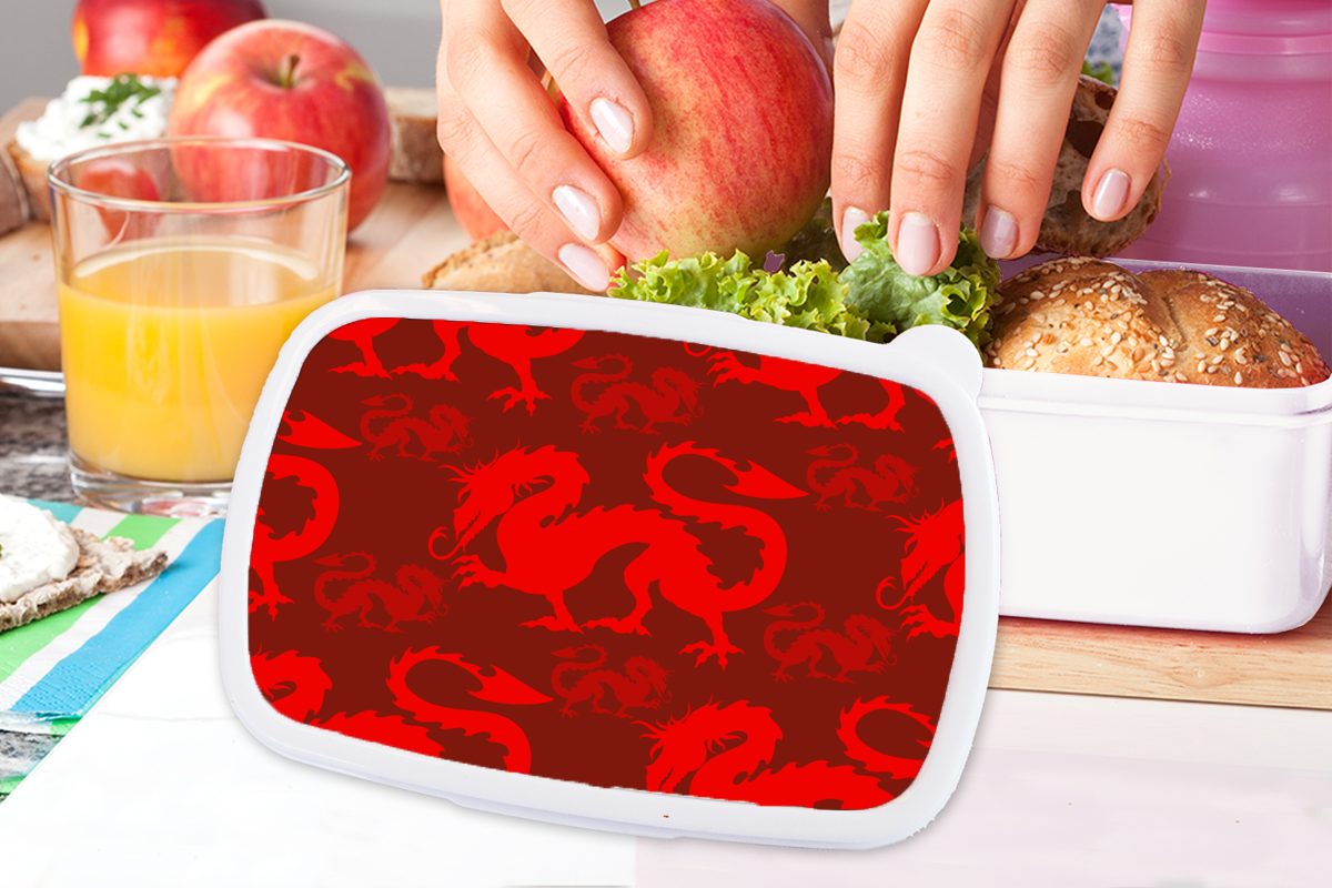 MuchoWow Lunchbox Erwachsene, - für Brotbox und - (2-tlg), weiß und Brotdose, Kinder Kunststoff, Jungs Mädchen Drache für Rot Muster