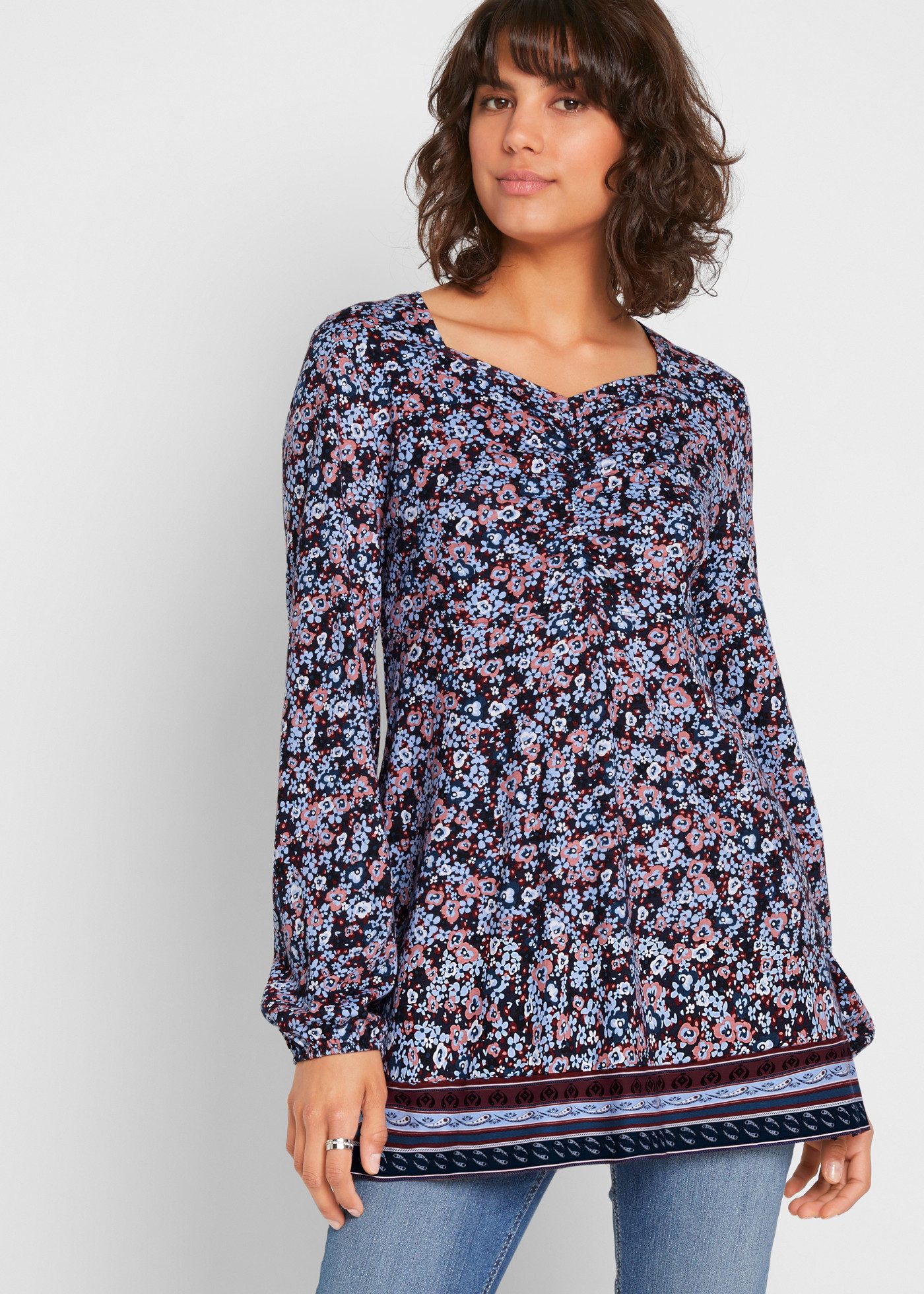 bonprix Longshirt mit geblümtem Jerseyshirt, Regular Fit