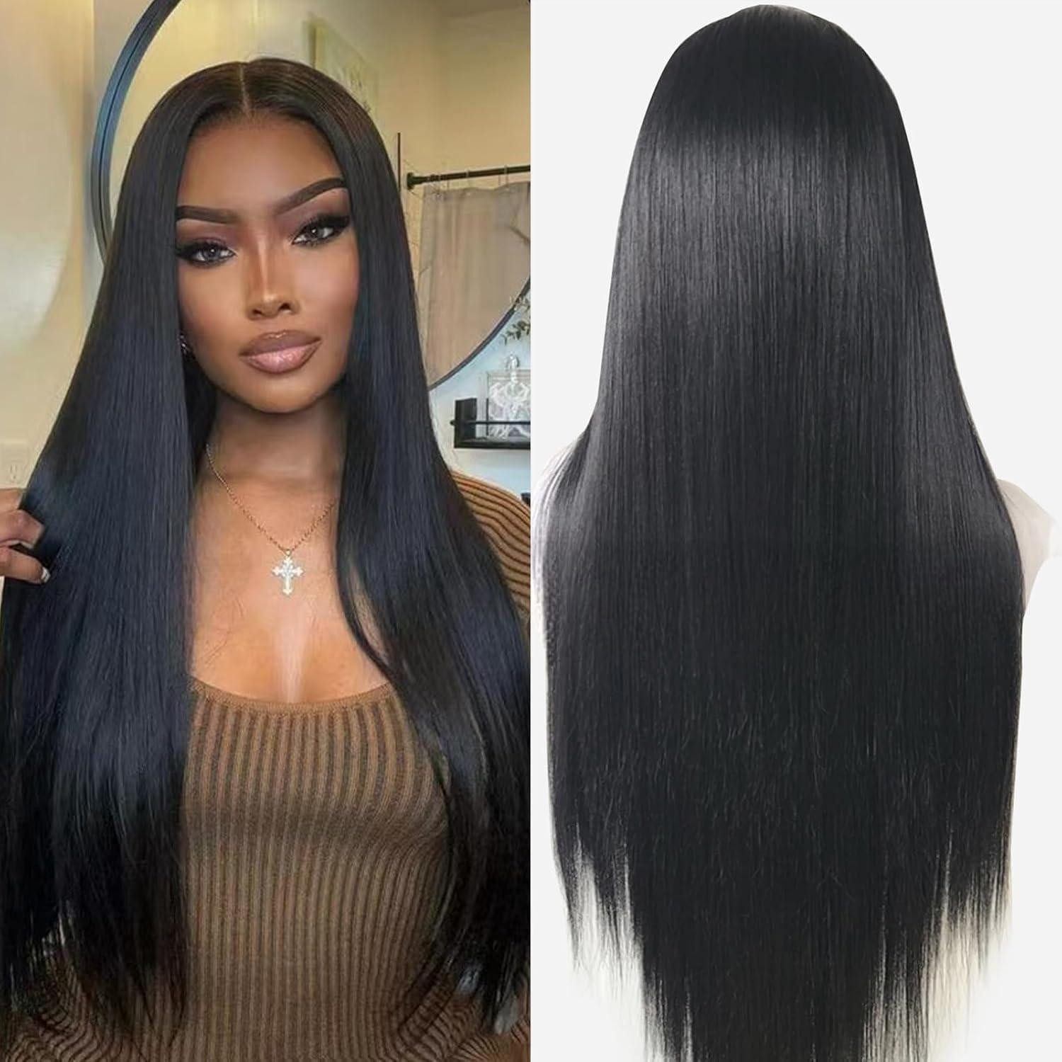 LuxusKollektion Kunsthaarperücke Perücke 13x3 Lacefront Kunsthaar 30 Zoll Damen Party Schwarz Glatt