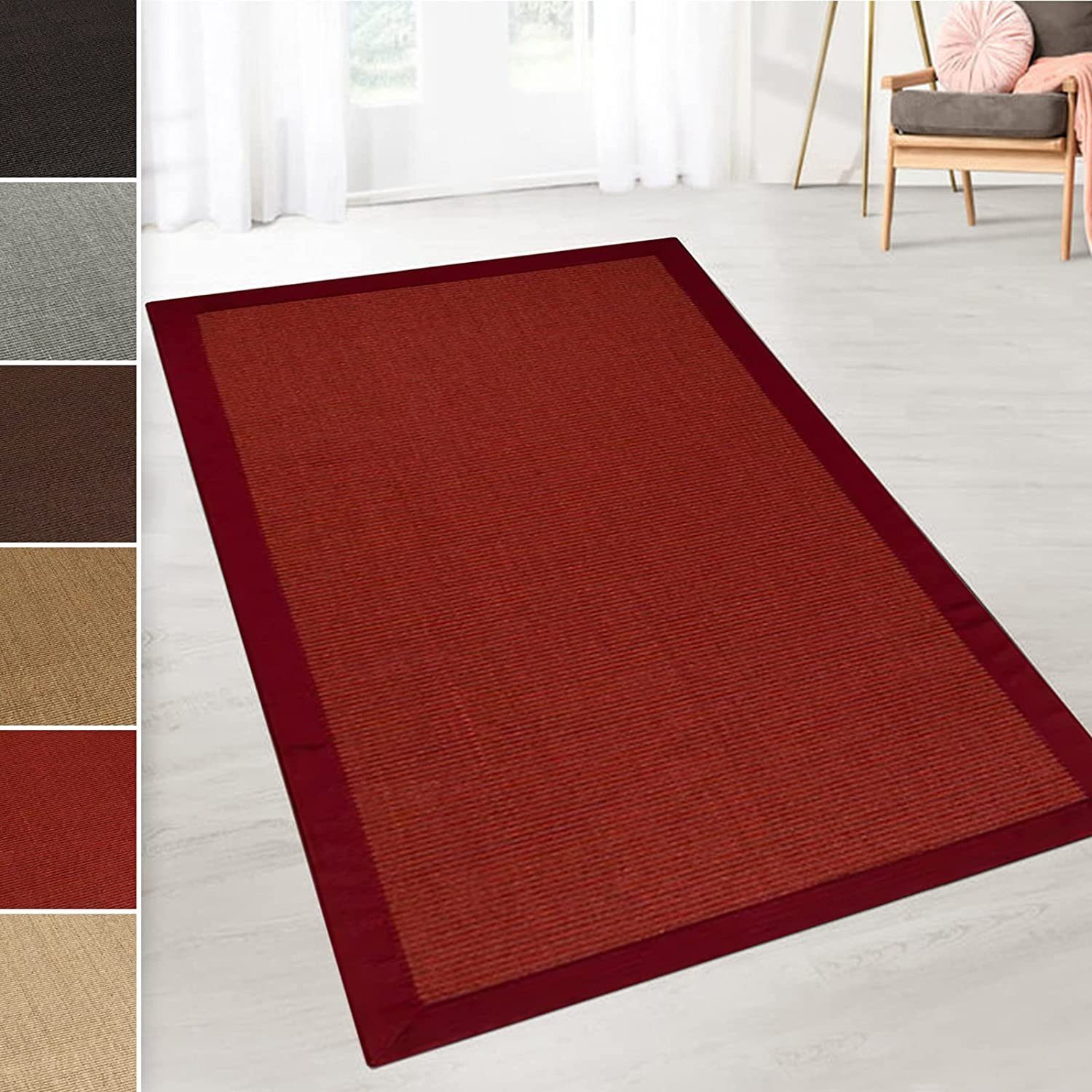 Sisalteppich Havanna Rot, Teppich in verschiedenen Größen, Teppichläufer,  Karat, rechteckig, Höhe: 6 mm, Mit Bordüre