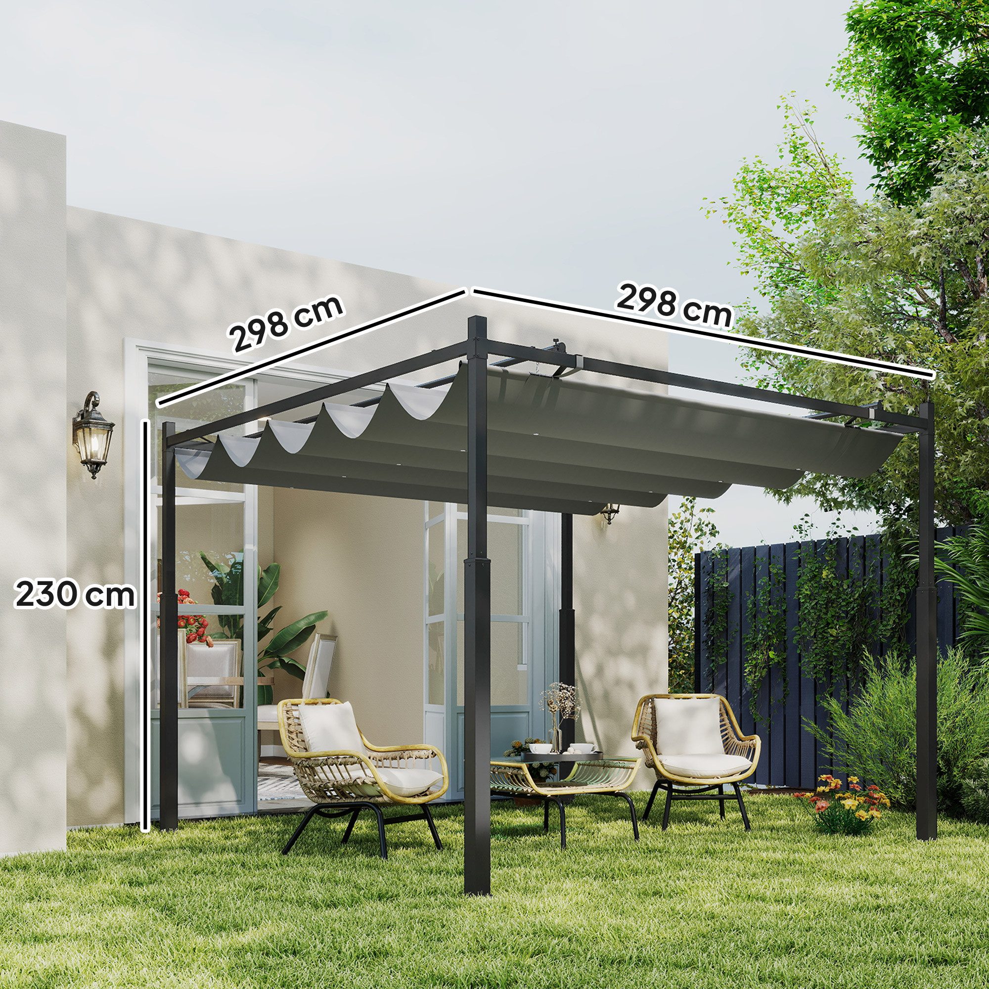 Outsunny Pergola mit Schiebedach, magnetisches Pad, 8 cm Säule, BxTxH: 298x298.0x230 cm, (UV-beständig Überdachung, 18-tlg., Freistehend Terrassenüberdachung), für Terrasse Garten Grau