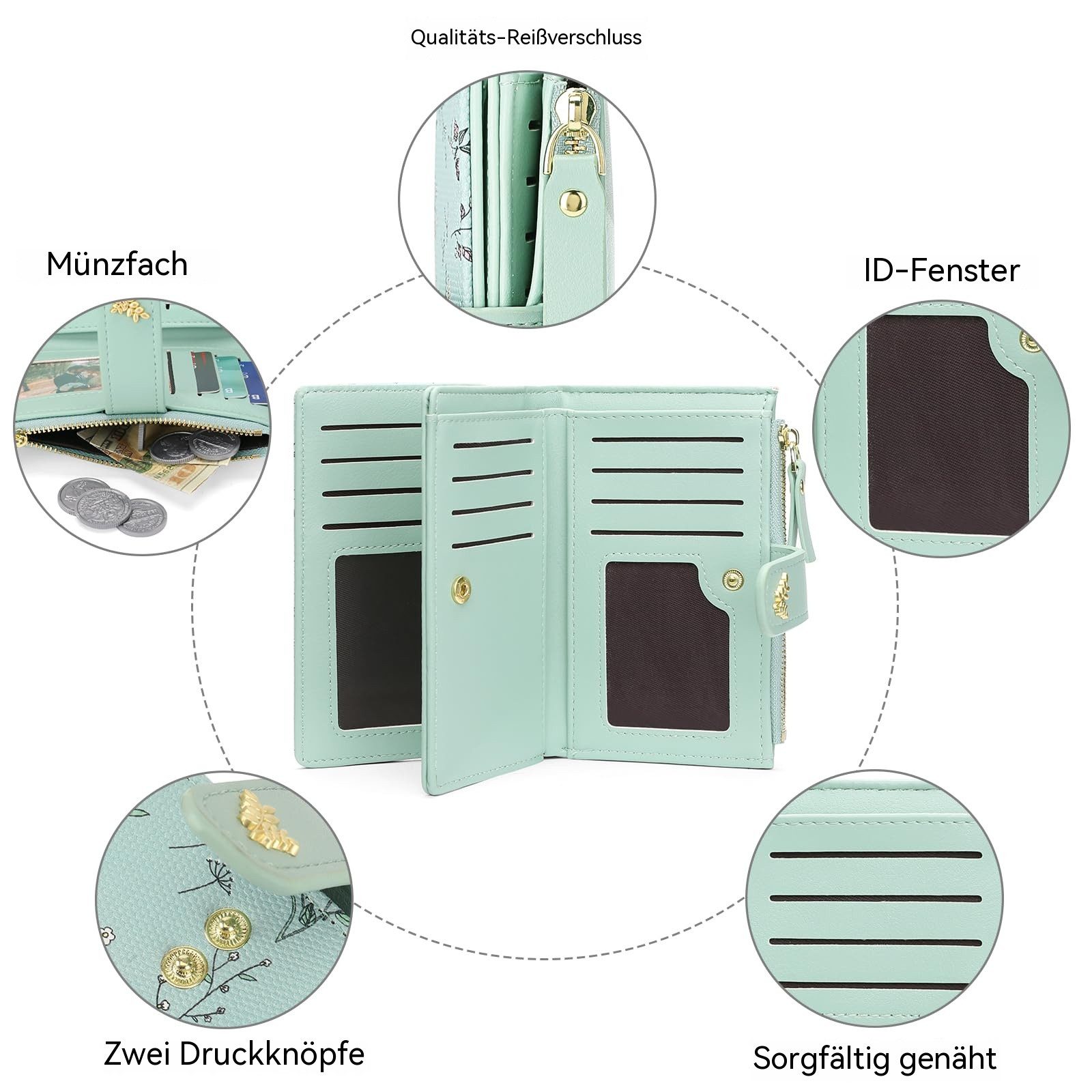 Zaewry Geldbörse Kleine Damen Geldbörse,Damen-Geldbörse, Kartenetui mit Blumenmuster, RFID-Schutz, veganes Leder, mit Münzfach mit Reißverschluss – Bild 4 von 5