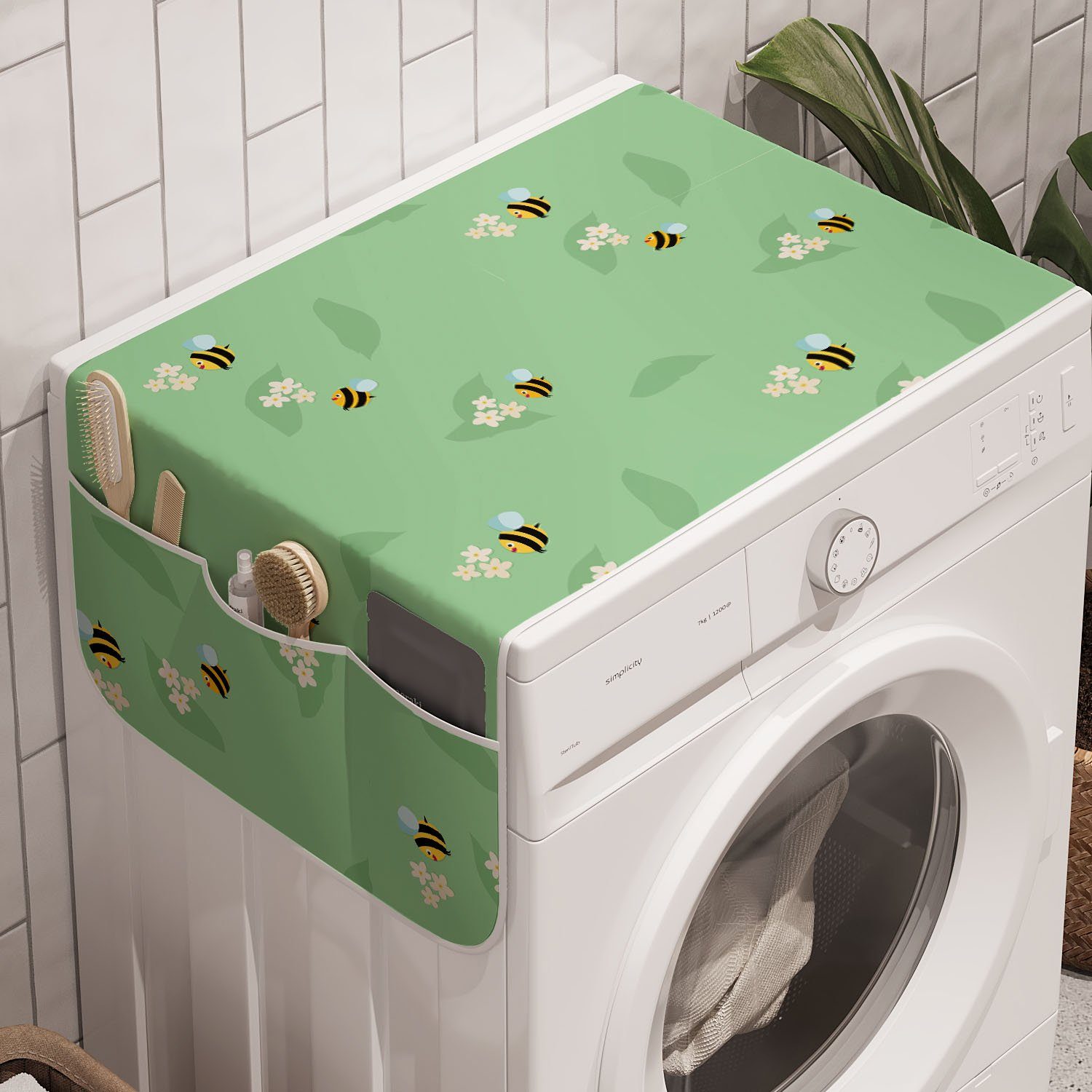 Abakuhaus Badorganizer Anti-Rutsch-Stoffabdeckung für Waschmaschine und Trockner, Bees Fliegende Insekten-Blumen-Gekritzel