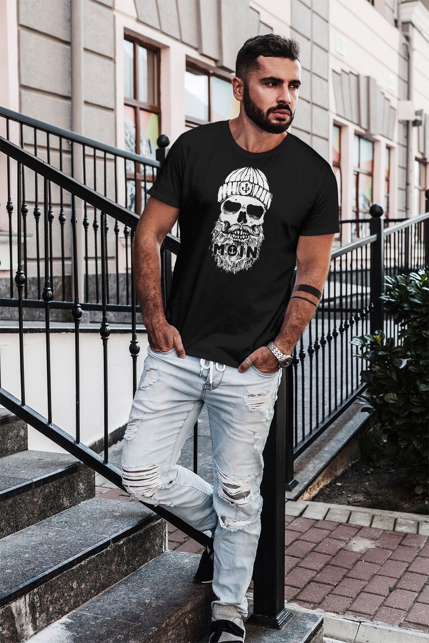 Neverless Print-Shirt Neverless® Anker Print Totenkopf Print Moin mit Herren Bart Skull Motiv T-Shirt