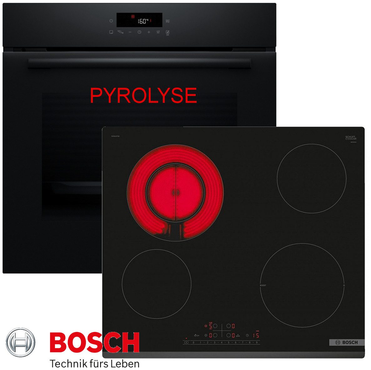 BOSCH Elektro-Herd-Set Pyrolyse Herdset Autark Backofen Selbstreinigung +Glaskeramik Kochfeld, Pyrolyse-Selbstreinigung, Pyrolyse + Hydrolyse