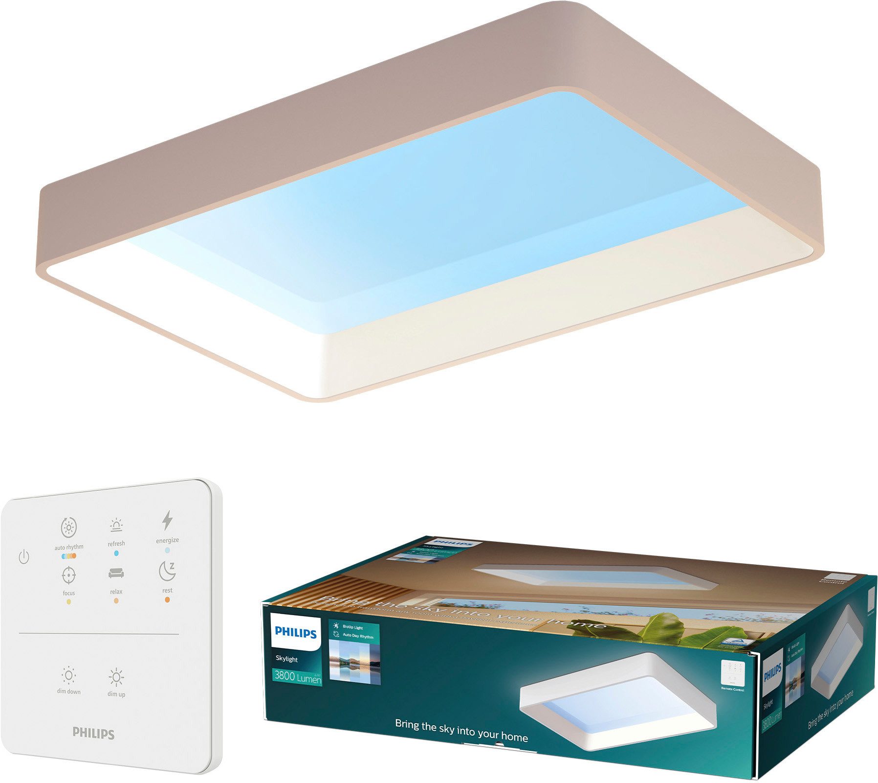 Philips LED Deckenleuchte Skylight LED Panel mit Tageslichtsimulation, IP44, Abschaltautomatik, CCT - über Fernbedienung, Dimmfunktion, Ein-/Ausschalter, Farbsteuerung, Farbwechsel, Fernbedienung, Infrarot inkl., Memoryfunktion, Softlichtstart, dimmbar über Fernbedienung, mehrere Helligkeitsstufen, LED fest integriert, Tageslichtweiß, BioUp, inkl. Fernbedienung