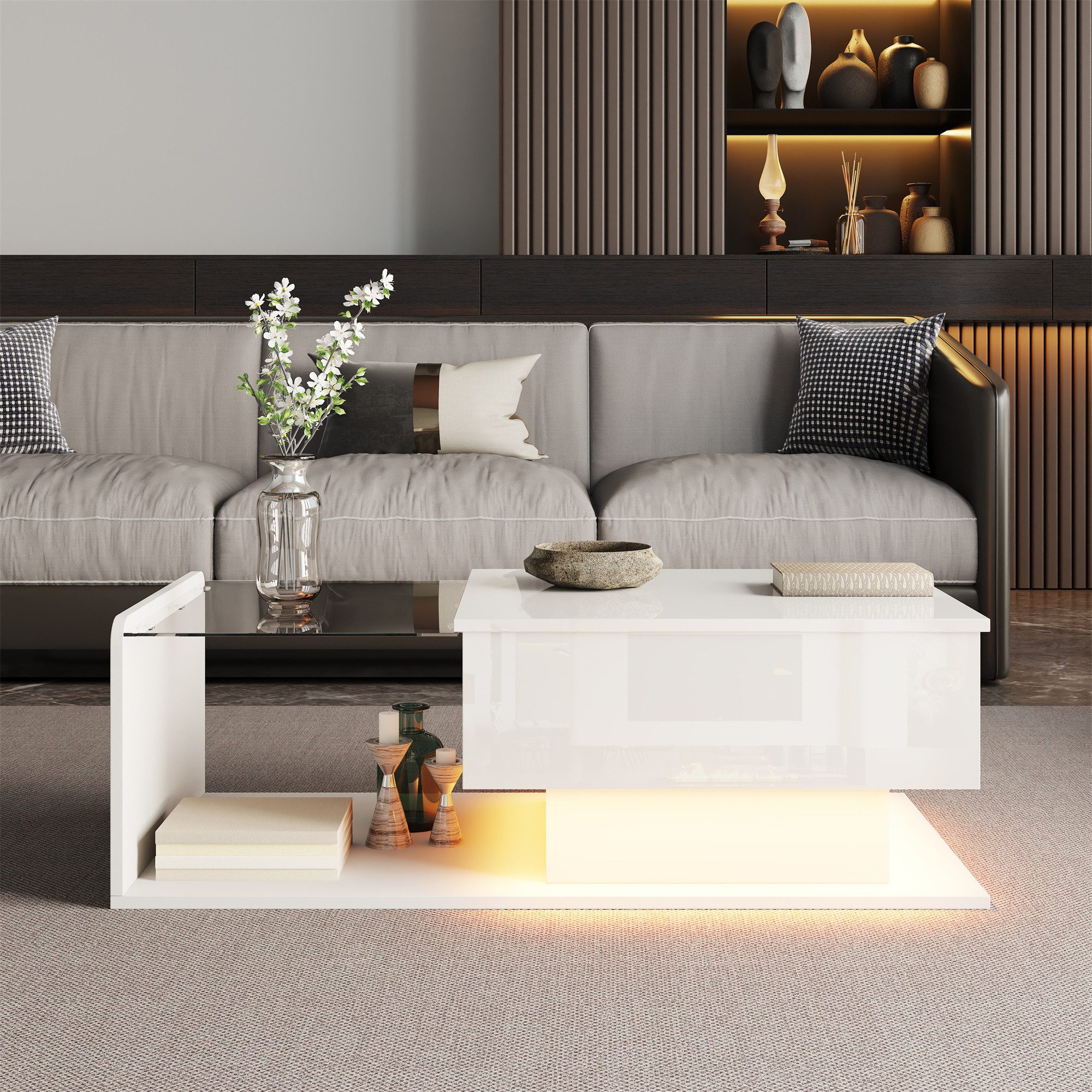 Merax Couchtisch hochglanz Sofatisch höhenverstellbar Beistelltisch mit LED günstig online kaufen