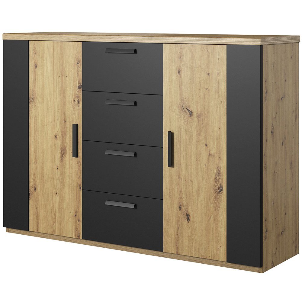 Kommode schwarz mit Artisan in mit Eiche Kleiderschrank SOLMS-83 Schwebetürenschrank Lomadox Nb.