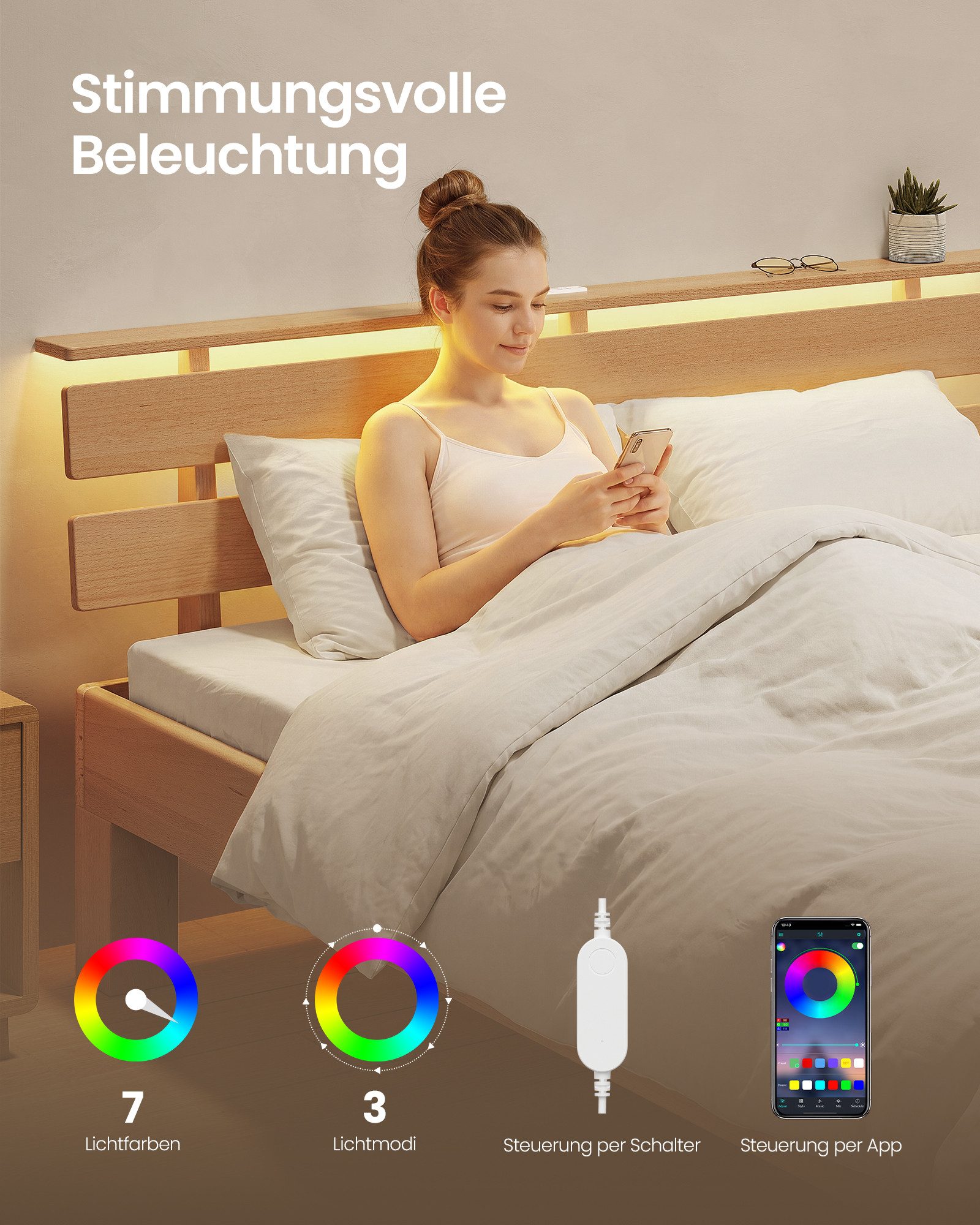 VASAGLE Bettgestell Massivholzbett mit LED&USB, 140/160/180cm, ergonomischer Rückenlehne, Bettgestell 140 x 200 cm, Kopfteilablage, hohe Stabilität, Naturfarben – Bild 5 von 5