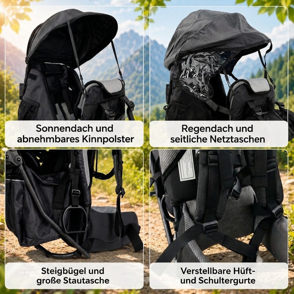 FASports Rückentrage Lil' Boss Kinderkraxe, Kindertrage (schwarz-grau, 1-tlg), Babytrage, 5-Punkt-Sicherungsgurt, Regen- und Sonnendach, Taschen
