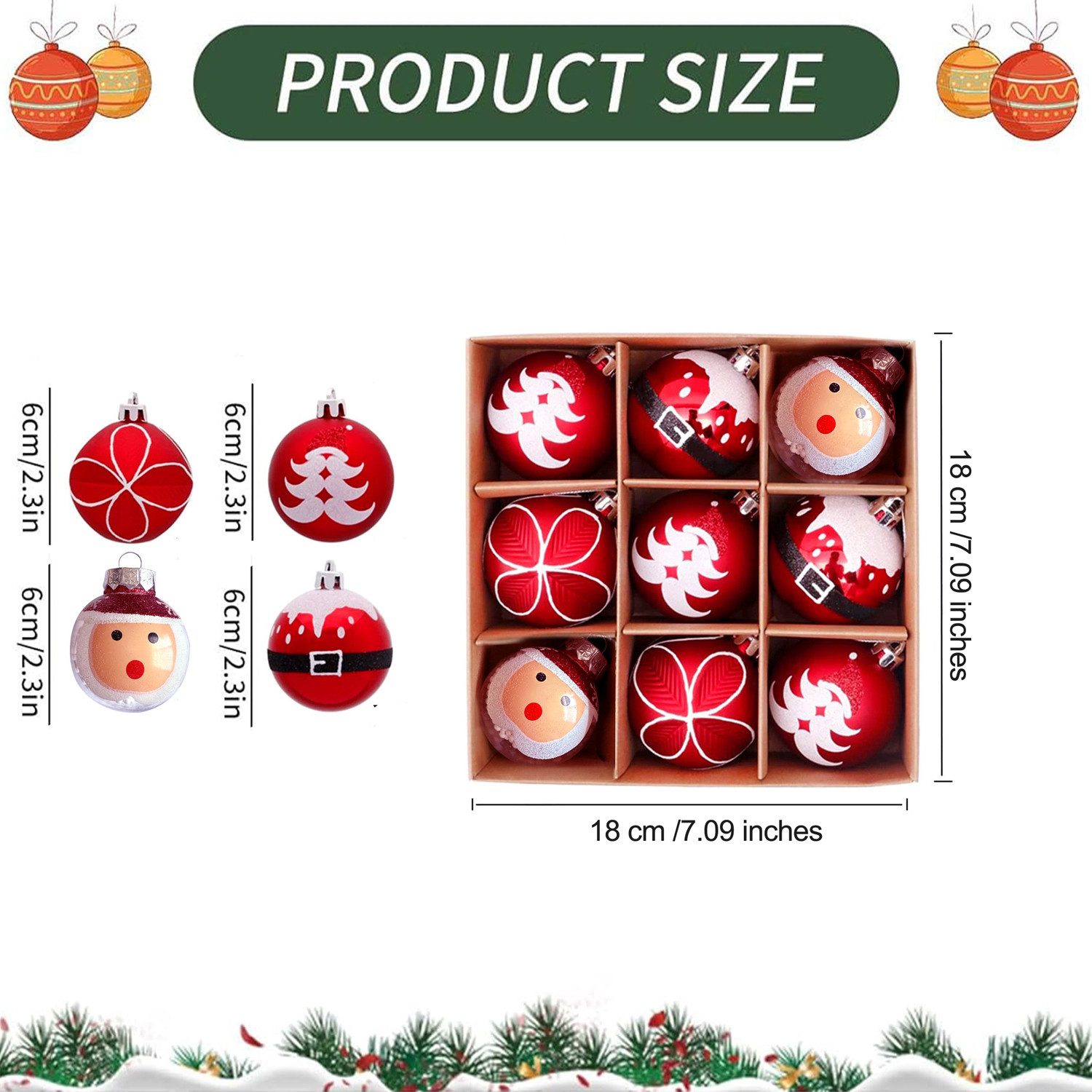 Coonoor Weihnachtsbaumkugel 9-teilige Weihnachtsdekor-Kugeln, Weihnachtsbaum-Hänge-Dekoration