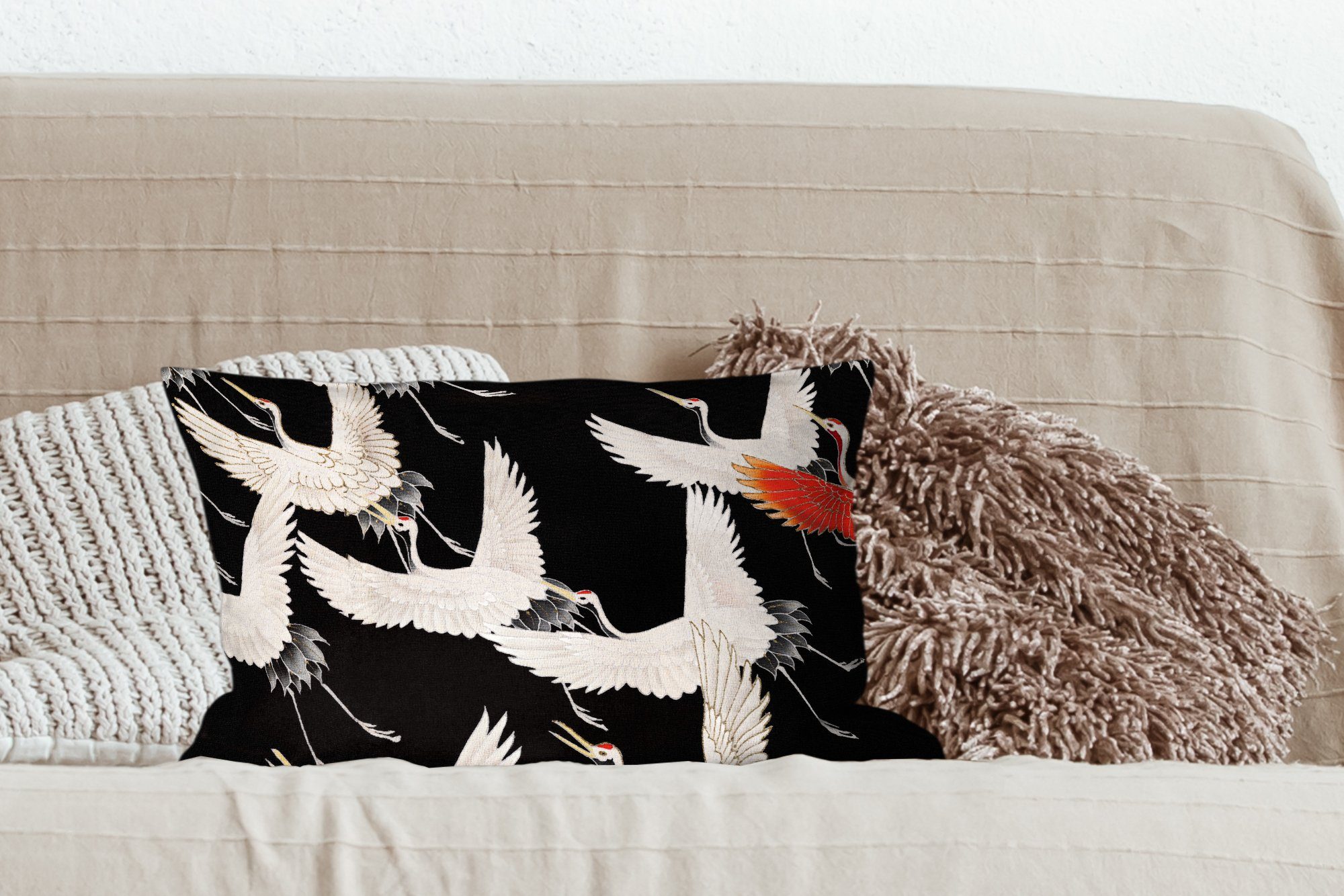 MuchoWow Dekokissen Kranich - Japandi, Zierkissen, Rot - Füllung, Dekoration, mit Schlafzimmer Weiß - Wohzimmer Dekokissen