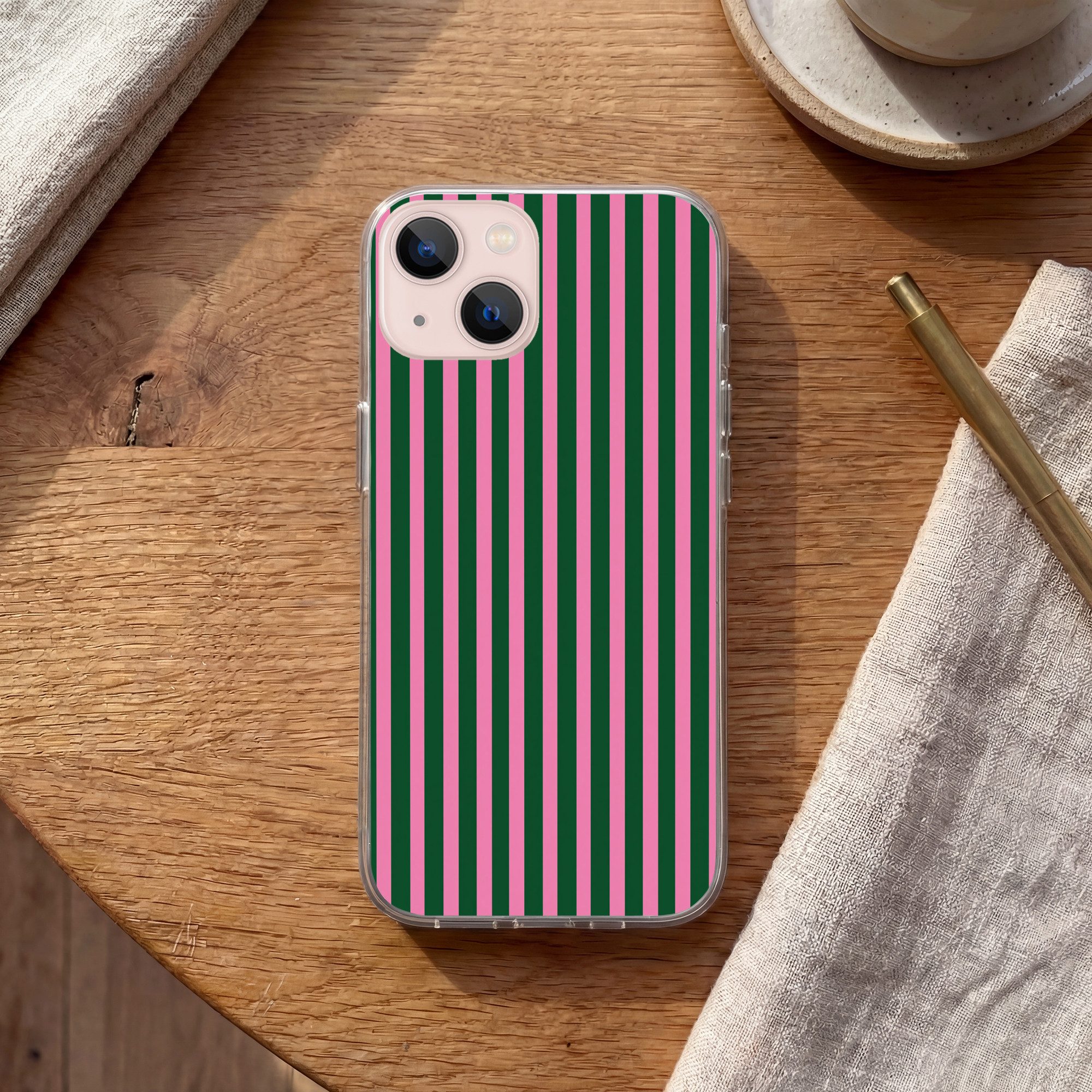 MuchoWow Handyhülle für Apple iPhone 13 mini Vertikale Streifen - Grün - Rosa, Smartphone-Bumper, Print, Handy Schutzhülle Dünn