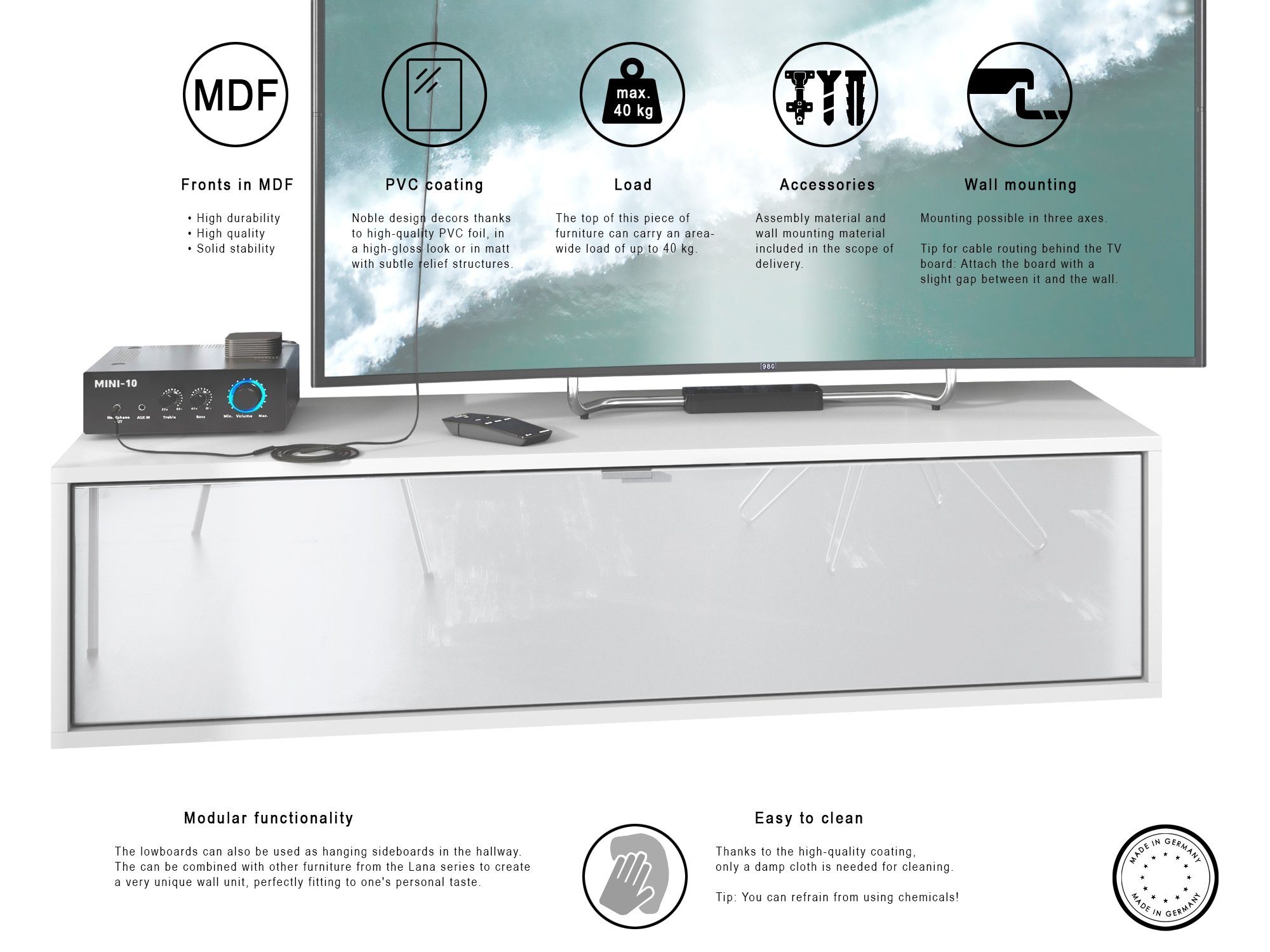 Vladon Lowboard Lana 1200 (TV-Kommode, mit Klappe dahinter 3 Fächer), Weiß matt/Bordeaux Hochglanz (120 x 29 x 37 cm)