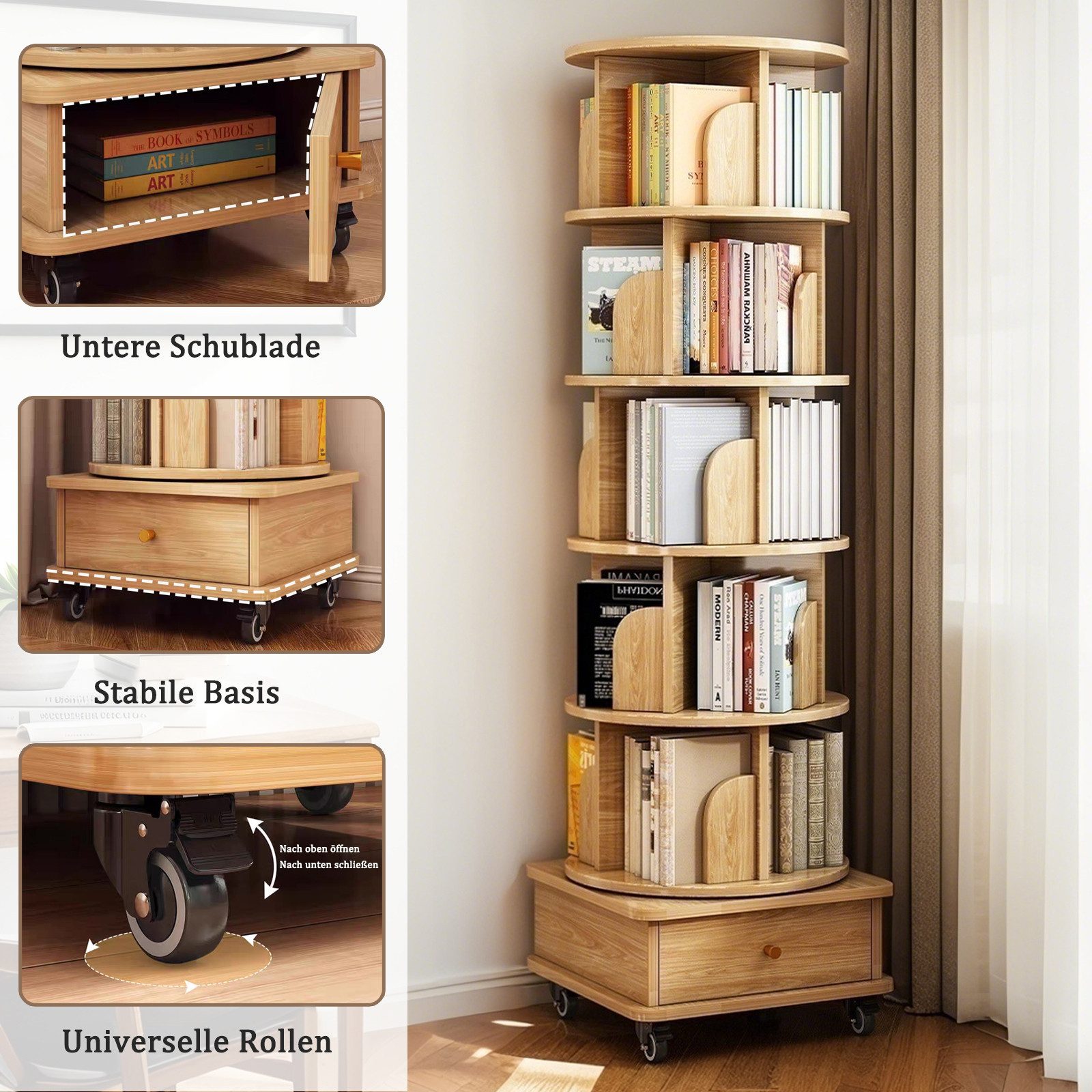 Luckice Bücherregal 6 StöCkiges Drehregal, 360° Drehbares Rundregal mit Rollen, Set, Platzsparendes Drehregal füR Kleine RäUme – Bild 4 von 5
