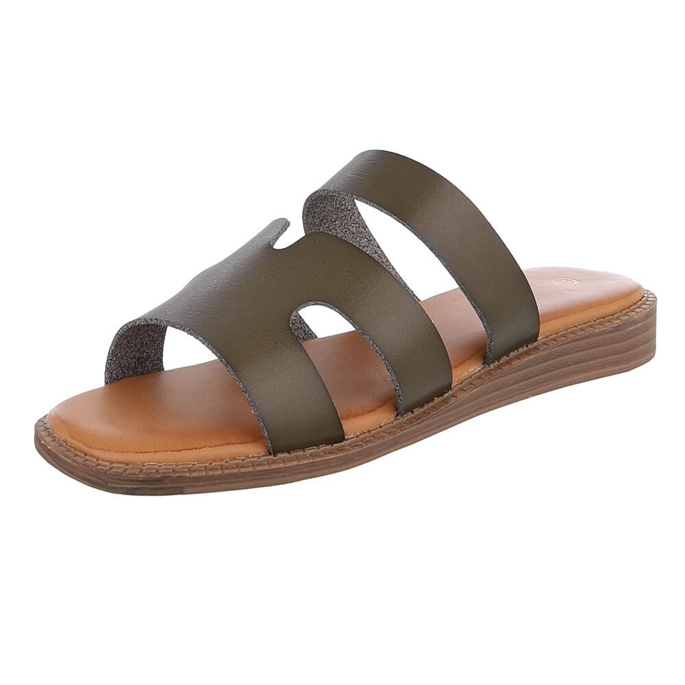 Ital-Design Damen Sandale mit breiten Riemen und bequemer Innensohle Pantolette (91409310) Keilabsatz/Wedge Pantoletten in Khaki