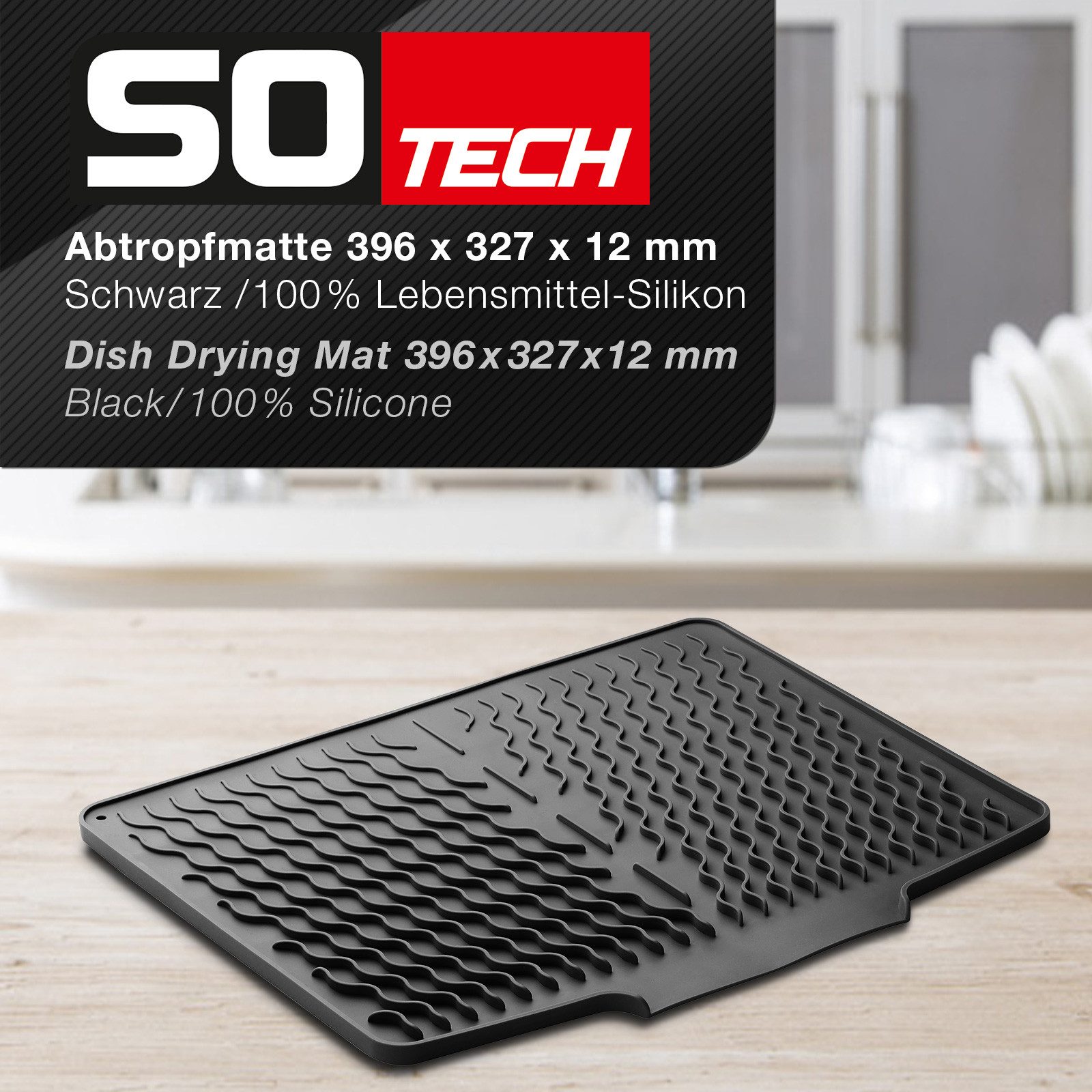 SO-TECH® Abtropfmatte Abtropfmatte 396x327mm für Geschirr & Besteck Silikon, Schwarz, rutschfest, hitzebeständig, spülmaschinengeeignet