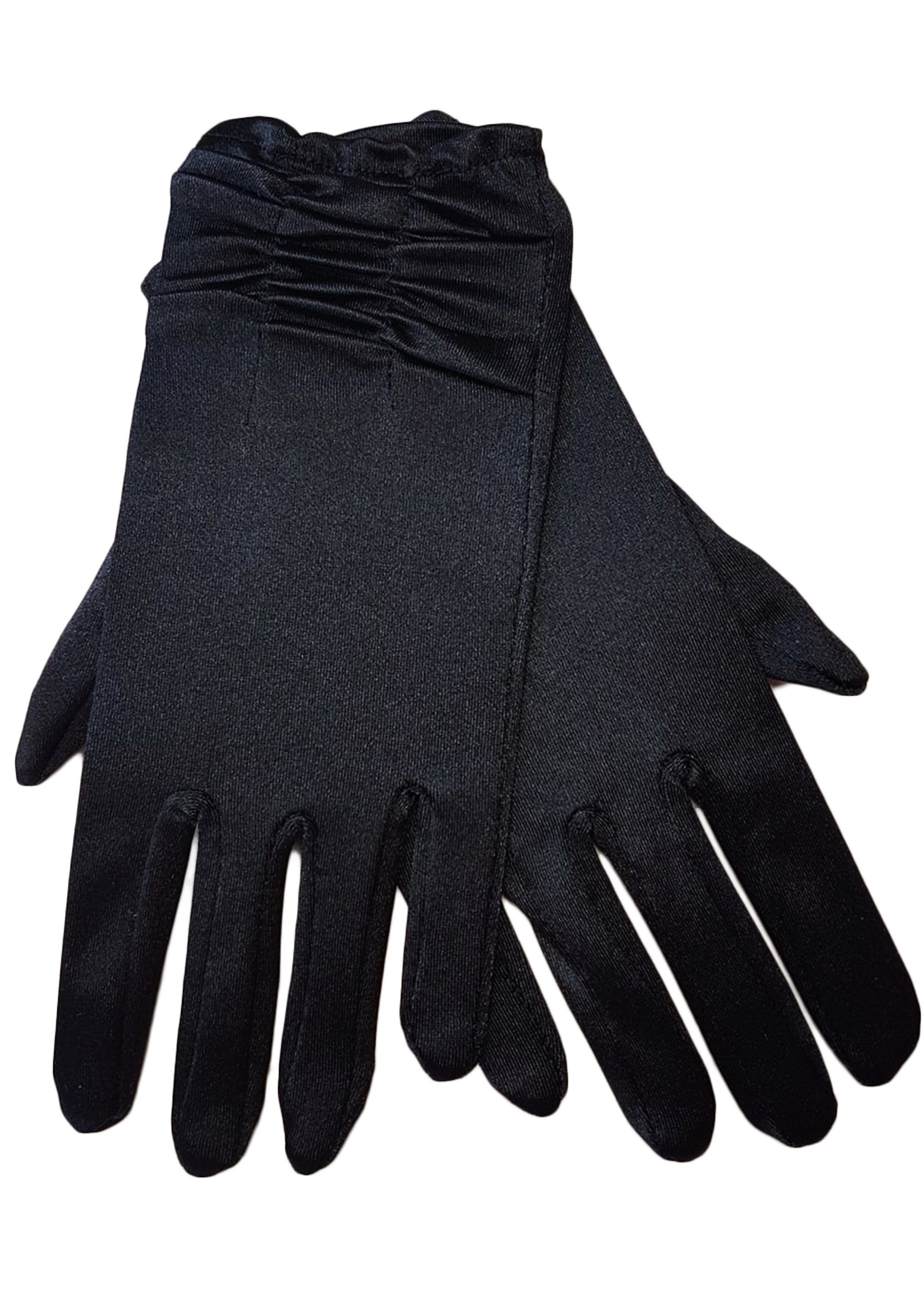 Abendhandschuhe Damen mit Raffung schwarz im Satin Trends Family Handschuhe kurz dehnbar Satin-Look