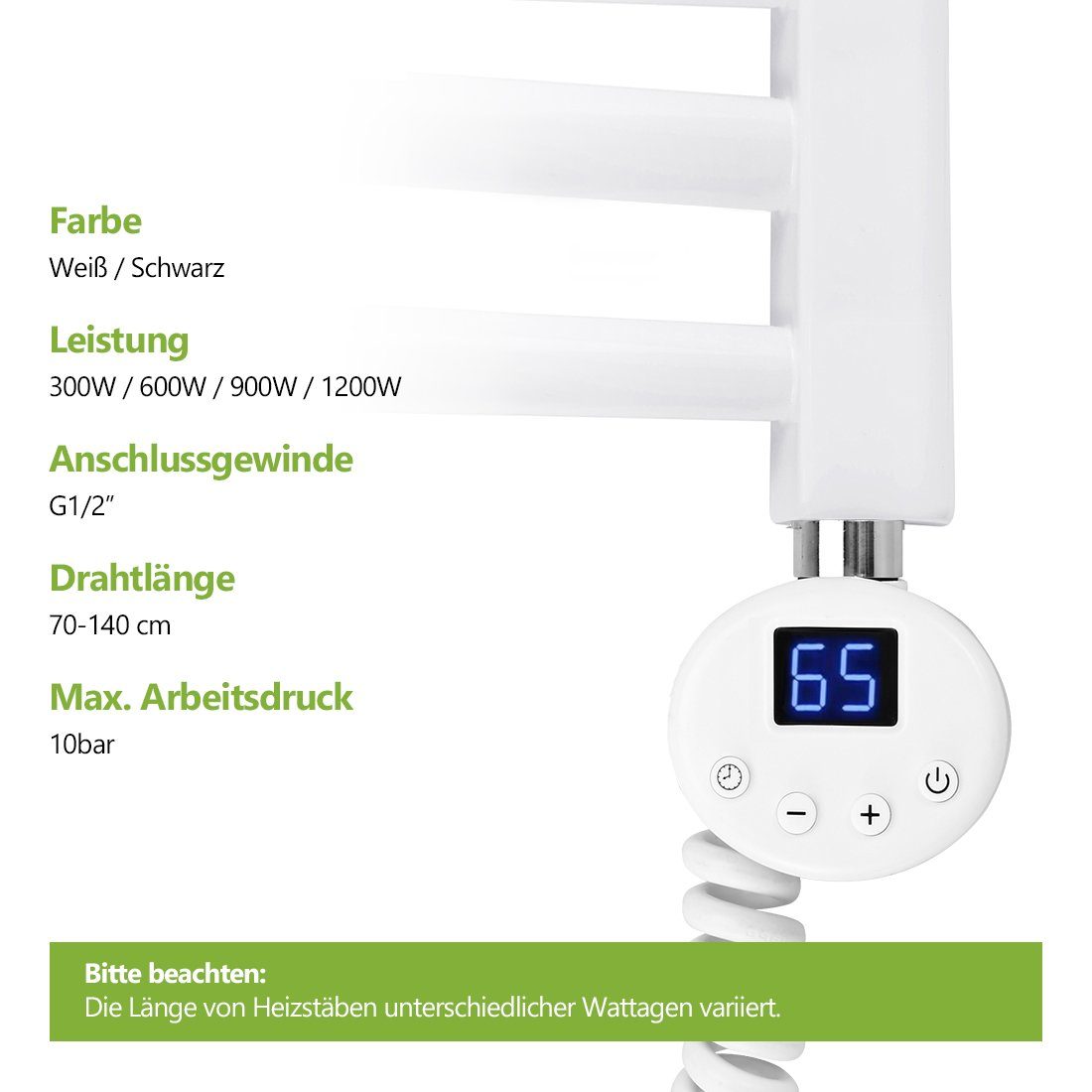 digitalem Weiß mit Thermostat Heizstab S'AFIELINA Badheizkörper, für Heizpatrone Edelstahl