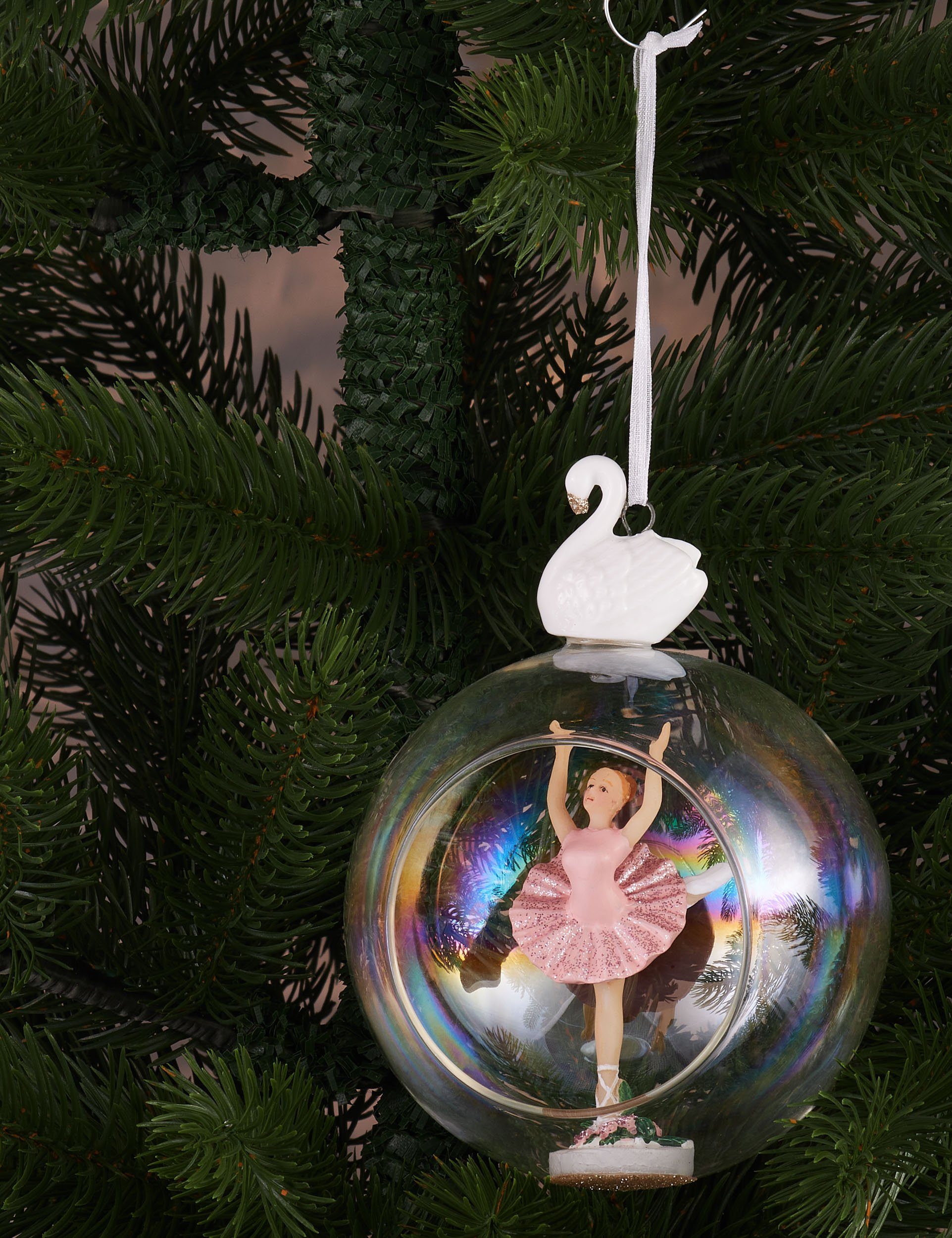 BRUBAKER Weihnachtsbaumkugel Premium Weihnachtskugel Ballerina im rosa Kleid - 10 cm Glas Baumkugel (1 St), Christbaumkugel mit Ballett Tänzerin und Schwan Figur - Weihnachtsdeko