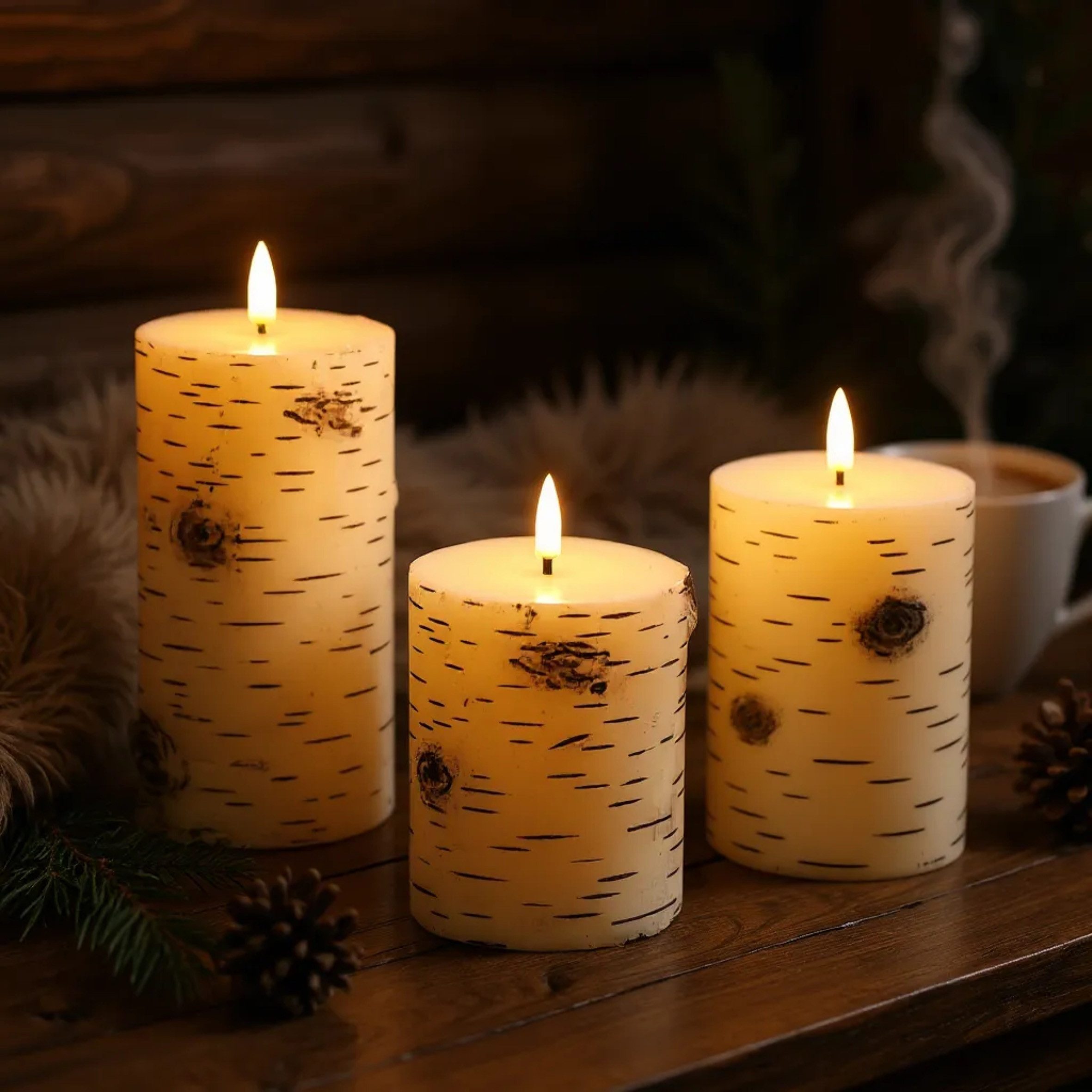 Spetebo LED-Kerze warm weiß in Birkenholz Optik 3er Set (Anzahl, 1-tlg., Stück), mit Timer