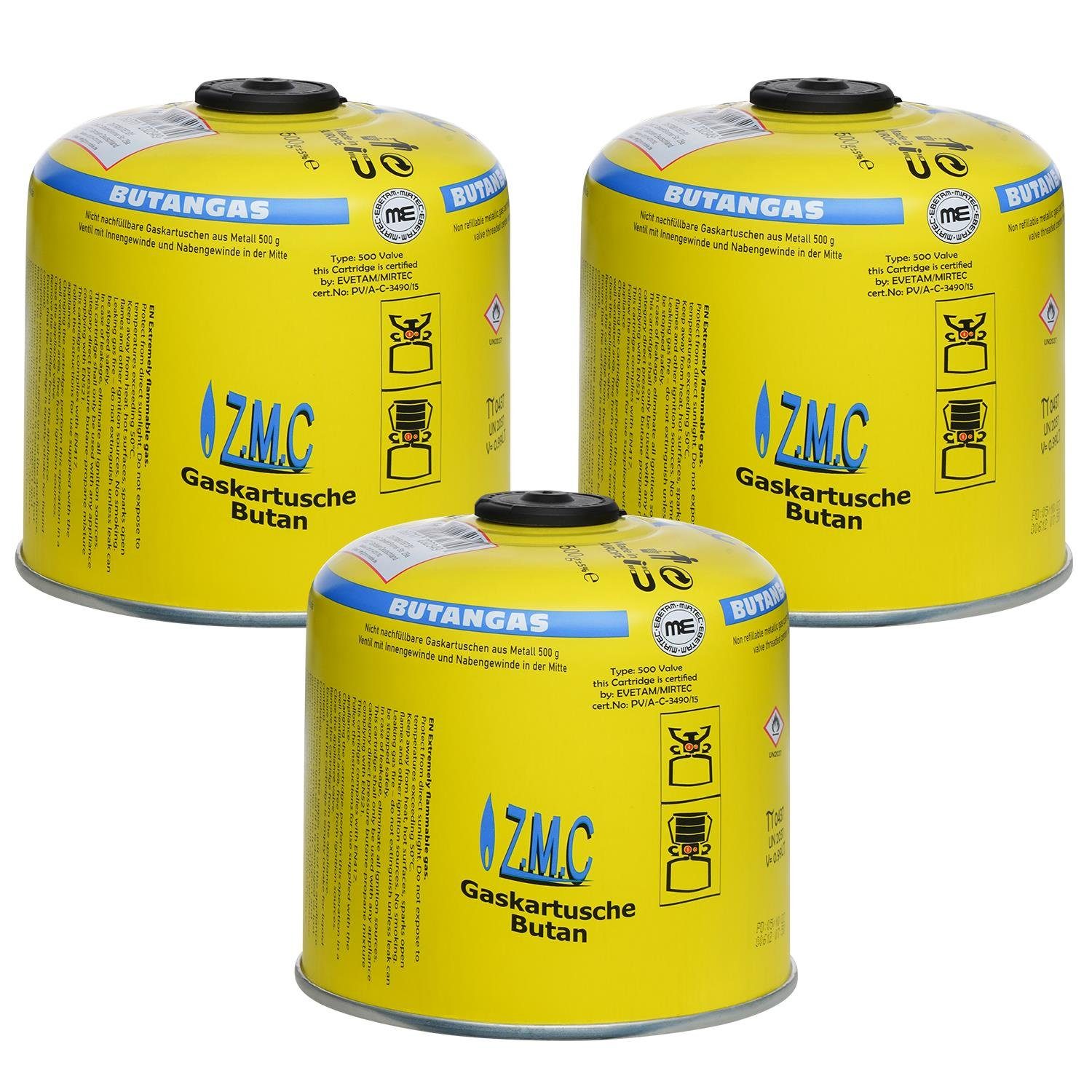 ZMC Gaskartusche 3x Universal Camping Propan Butan Gas 500g Schraubventil Gaskartusche, Zubehör für Butangas Druckgasdose Für Gaskocher / Gaslötgeräte / Abflammgeräte Eurogewinde, Schraubventil Gaskartuschen 990ml Ventilkartusche Gewindeanschluß