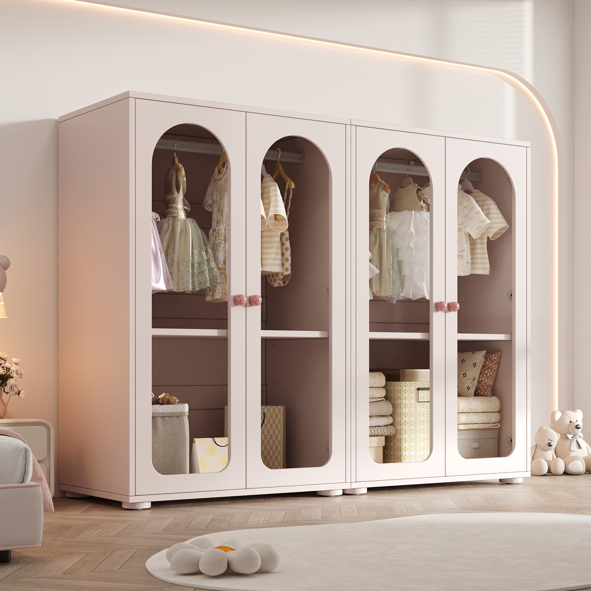 REDOM Kleiderschrank 80x120x50 cm 2-teiliger Kinderschrank in Babyrosa mit Acryltüren (Packung, 2-St., Transparente Fronten, Keramikgriffe & Kleiderstange inkl) Stilvoller Lack-Kleiderschrank als 2er-Set