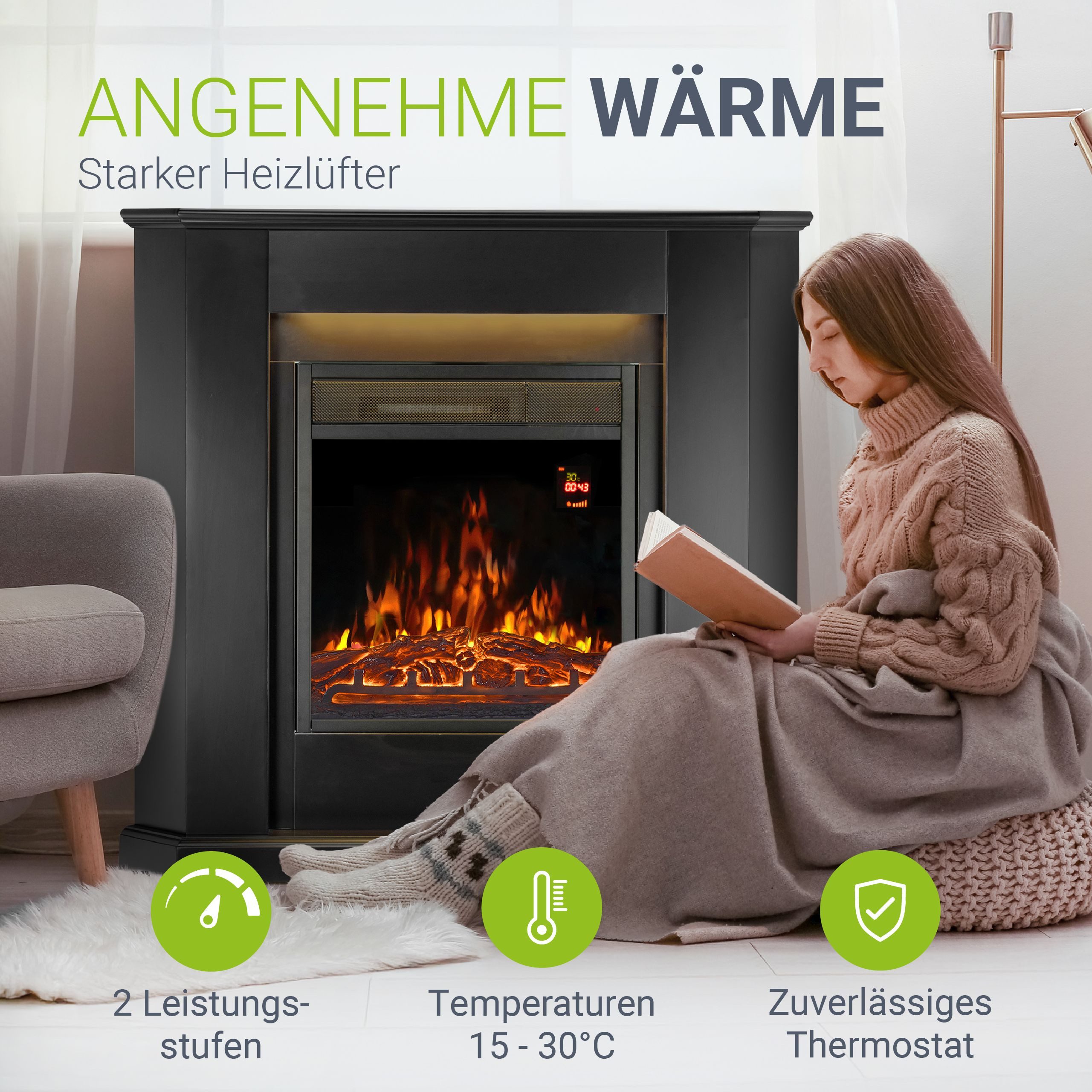 Juskys Elektrokamin, 2000 W Heizung, Flammeneffekt, Fernbedienung, LED-Licht, Timer