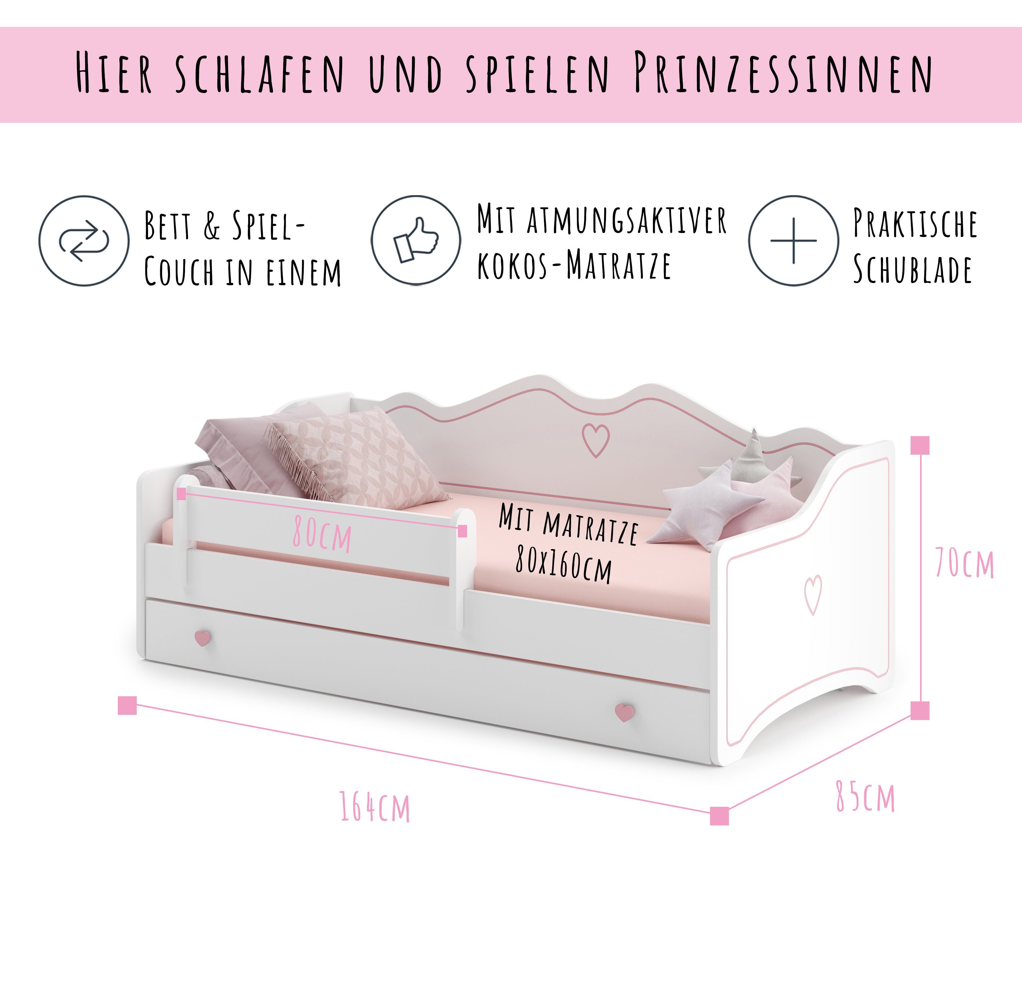 Kids Collective Kinderbett Mädchenbett 80x160 80x180 mit Matratze, Rausfallschutz & Schublade, Rosa,160x80 cm,mit punktelastischer Matratze