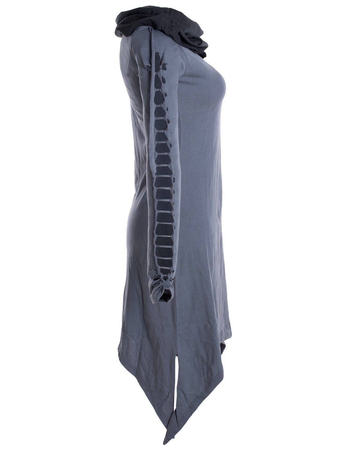 Zipfelkleid Boho, Ethne, Biobaumwolle aus Elfen Vishes Schalkragen Zweifarbiges Style grau Kleid mit langarm Goa,