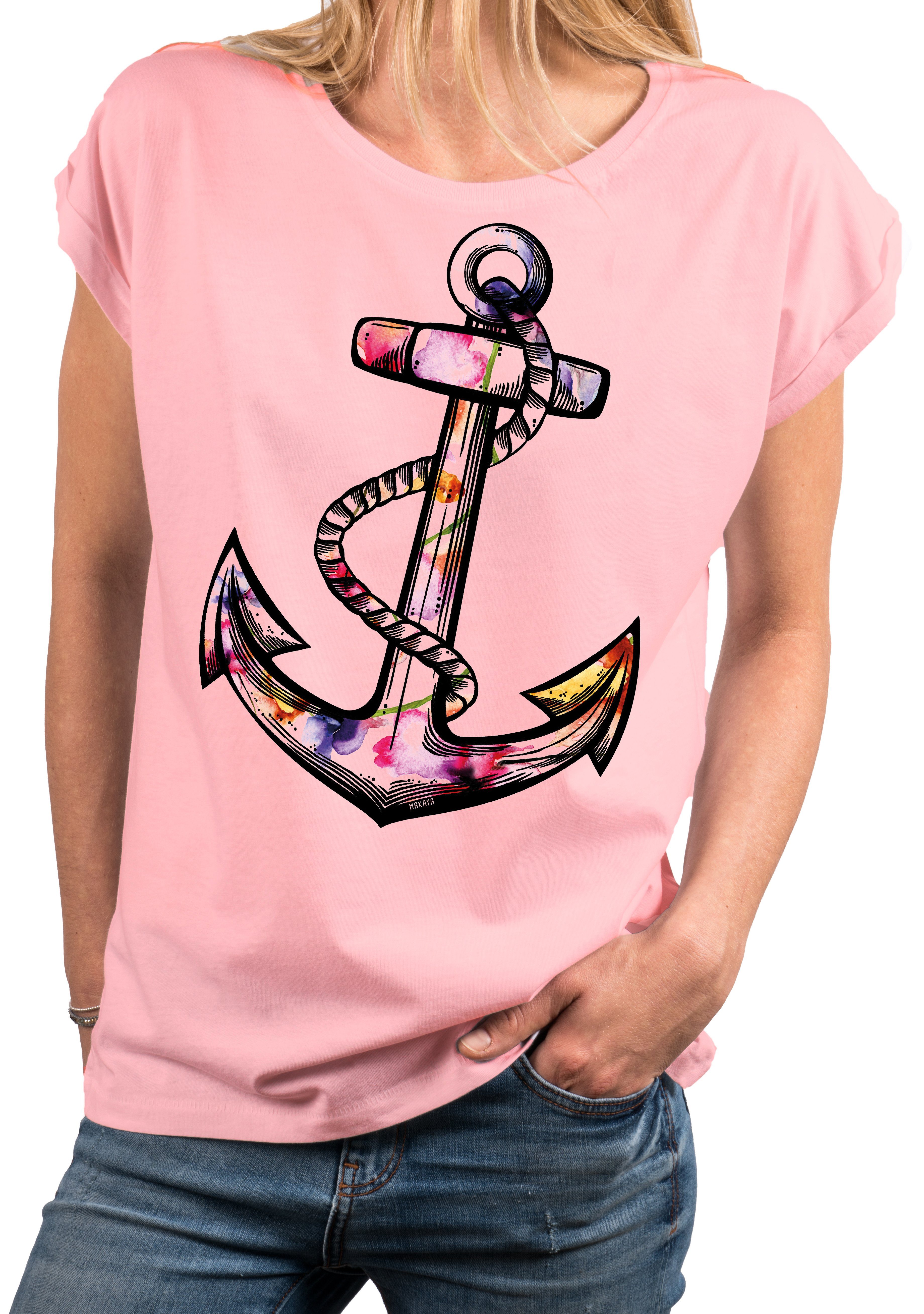 MAKAYA Tunikashirt Damen Top mit Blumen Motiv Sommer T-Shirt Oversize Print Blumenmuster (Kurzarm, Weiß, Rosa, Grau) große Größen