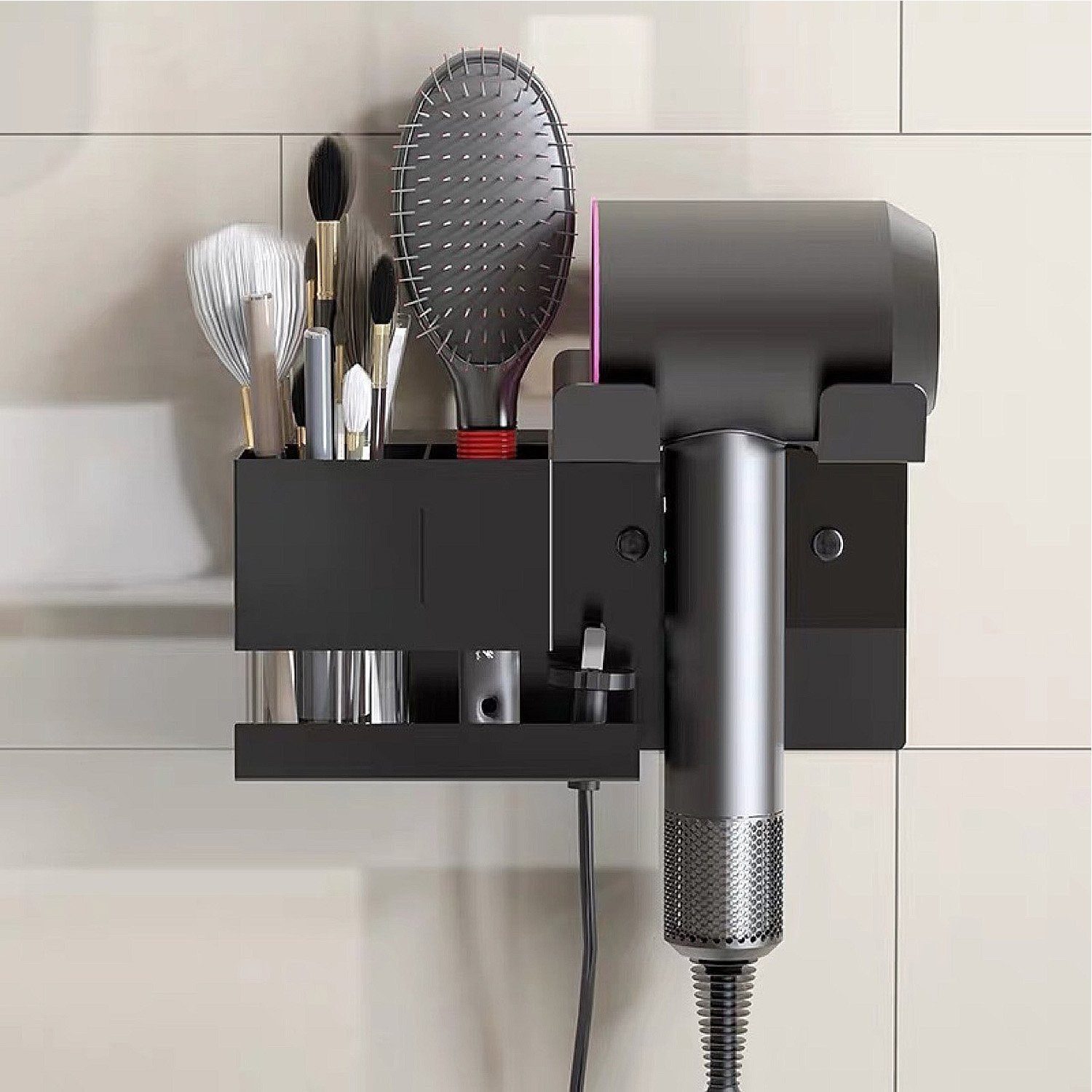 Fivejoy Haartrockner Regal Badezimmer Werkzeug Organizer Hängende Regal Haartrocknerhalter, (Nicht bohrend schwarz mit Schrauben)