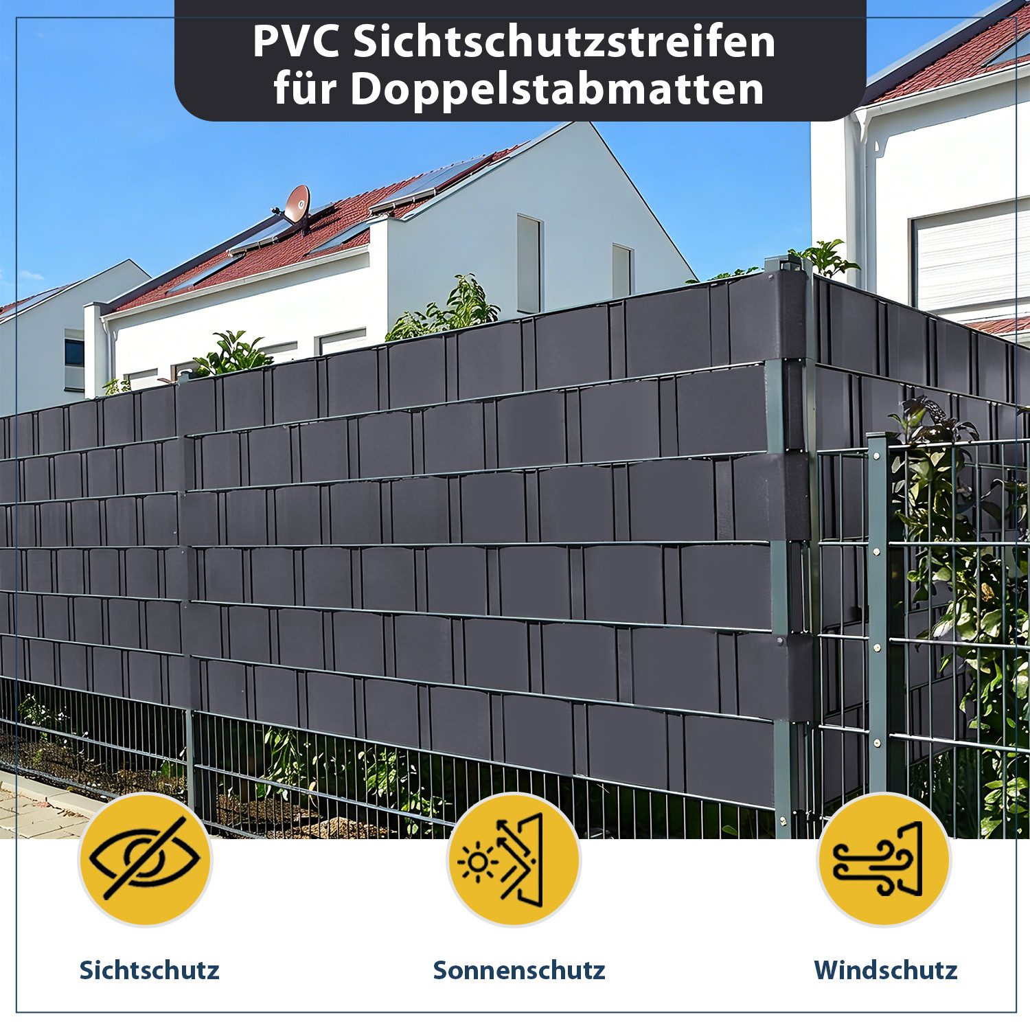 Sekey Sichtschutzstreifen PVC Sichtschutzstreifen blickdicht Sichtschutz Rolle 35/50m x 19cm, Nur 0,6 € pro Meter für Doppelstabmatten Zaun, inkl. Clips
