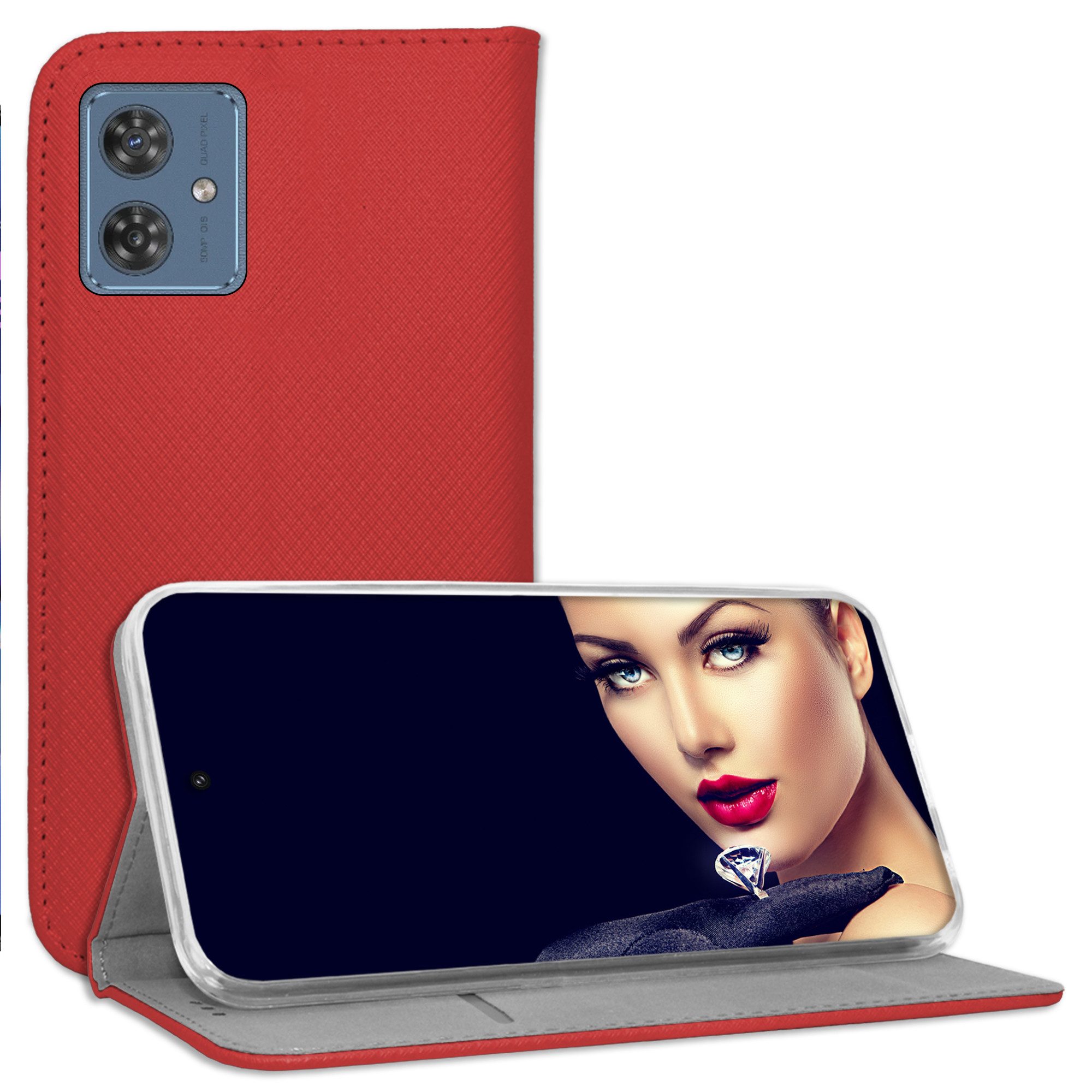 mtb more energy Smartphone-Hülle Smart Magnet für Motorola Moto G54 5G, Rot, Bookstyle Klapphülle Cover Wallet Case aus Kunstleder