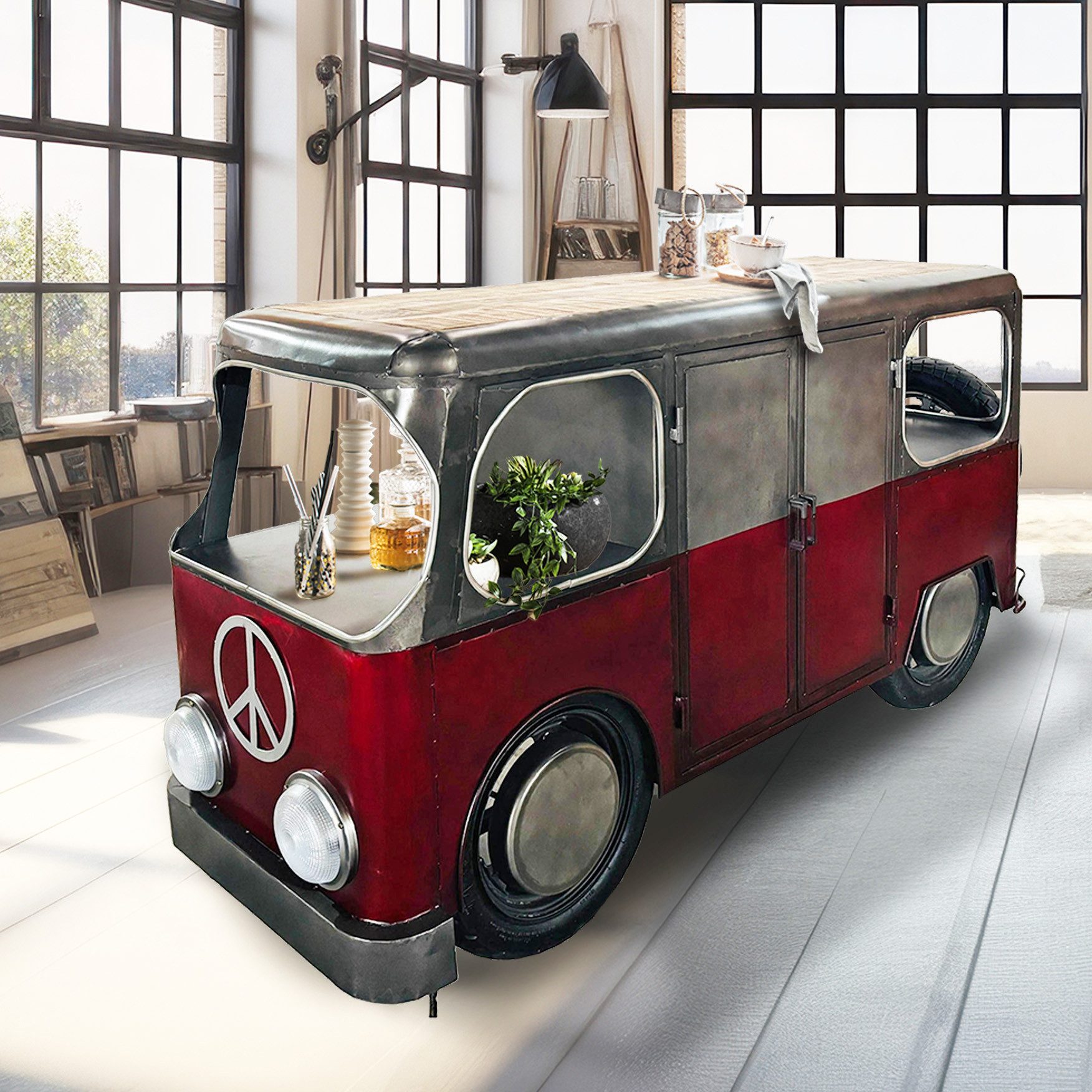 More2Home Sideboard Fahrzeug-Ladentheke, BUS Nr.4, Metall vintage rot/silber