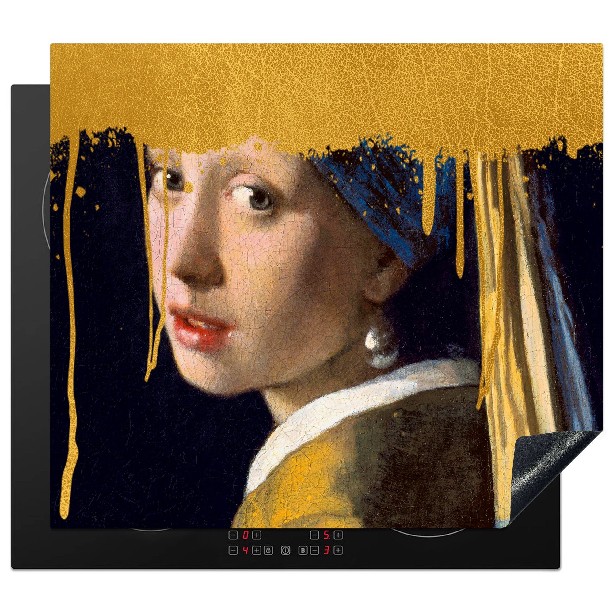 MuchoWow Herdblende-/Abdeckplatte Mädchen mit einem Perlenohrring - Gold - Vermeer, Vinyl, (1 tlg), 59x52 cm, Ceranfeldabdeckung für die küche, Induktionsmatte